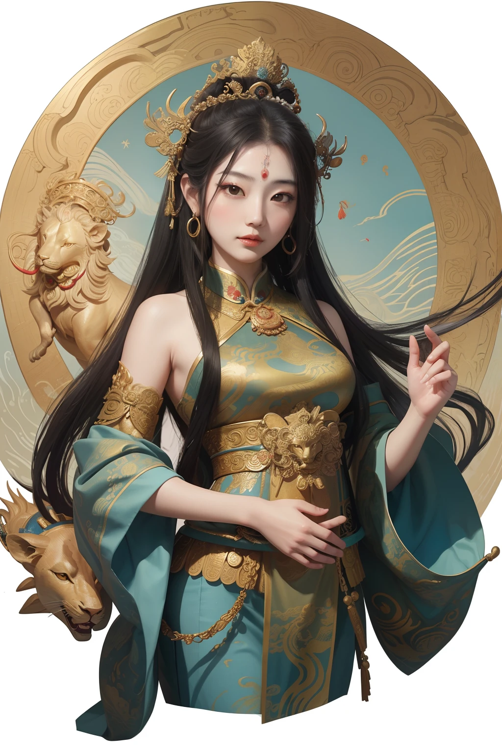 an ancient Chinese goddess, guanyin of the southern seas, Guanyin, Inspired by India, Avalokiteshvara rides an elephant,,Serene expression,shui mo hua,Buddha,Buddhist,Lotus,Chinese painting style,Thangka style