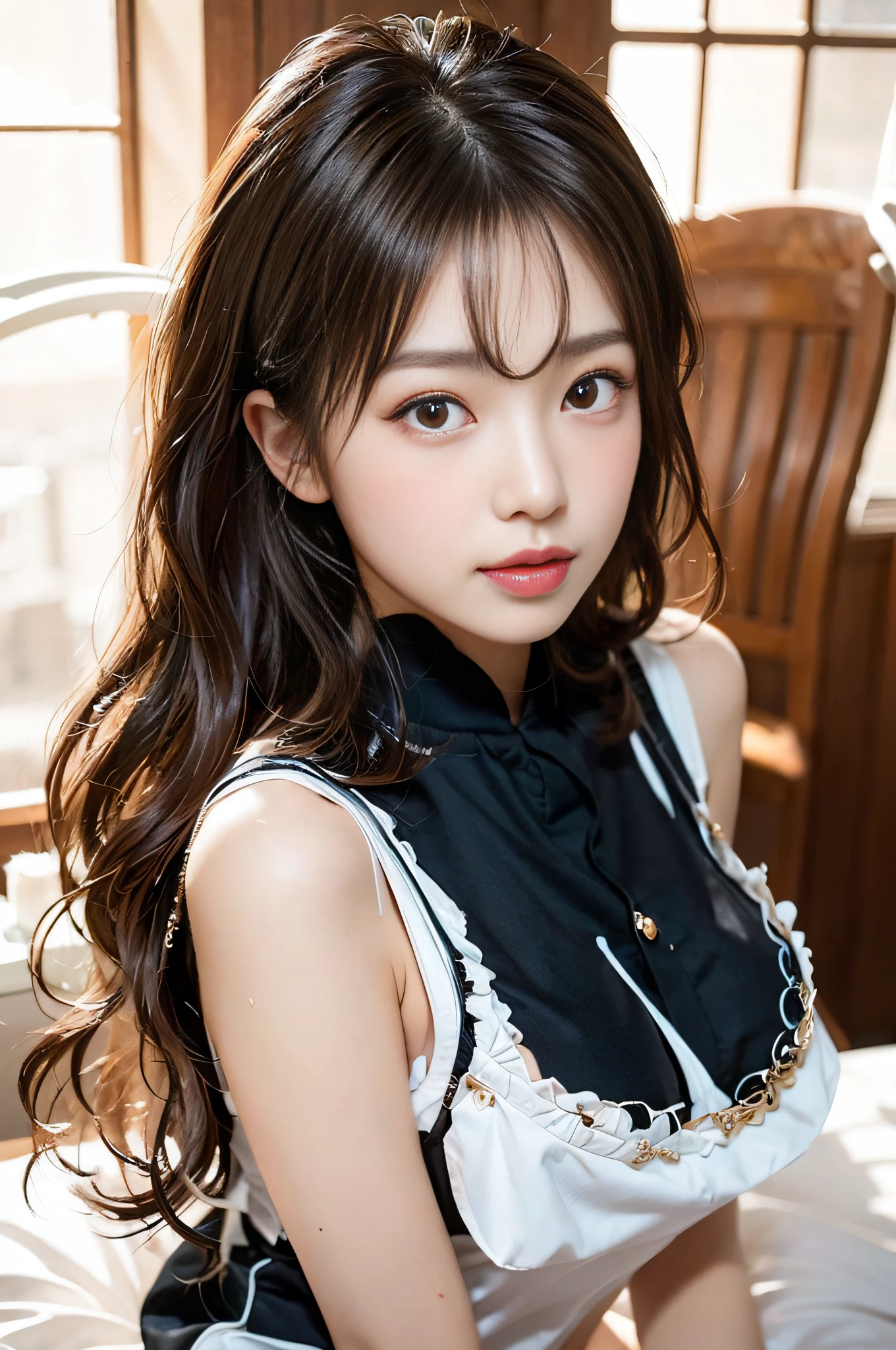 Asian woman in arafe in black and white long-quartered clothes sitting on bed, Gorgeous young Korean woman, beautiful Korean women, (((beautiful countenance))),(((big eye))),(((Beautiful eyes))),(((long lashes))),((Beautiful teeth alignment)),Korean Girl, Beautiful young Korean woman, Young adorable Korean face, with long hair and piercing eyes, Beautiful Asian Girl, girl next door innocent look, ulzzangs, lovely delicate face, with cute doting eyes, Korean Woman