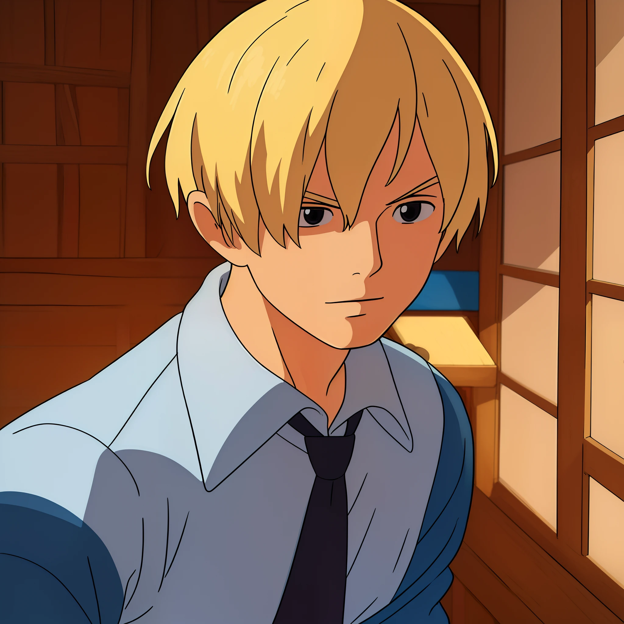 ((best quality)), ((masterpiece)), ((detailed background)), ((high quality illustration)), 1boy, wanostyle, sanji, blonde hair, bangs covering one eye, curly eyebrows, male focus, solo, indoors, collared shirt, upper body, cowboy shot, bangs, black eyes, dark blue jacket, facial hair, long sleeves, necktie, miyazaki hayao