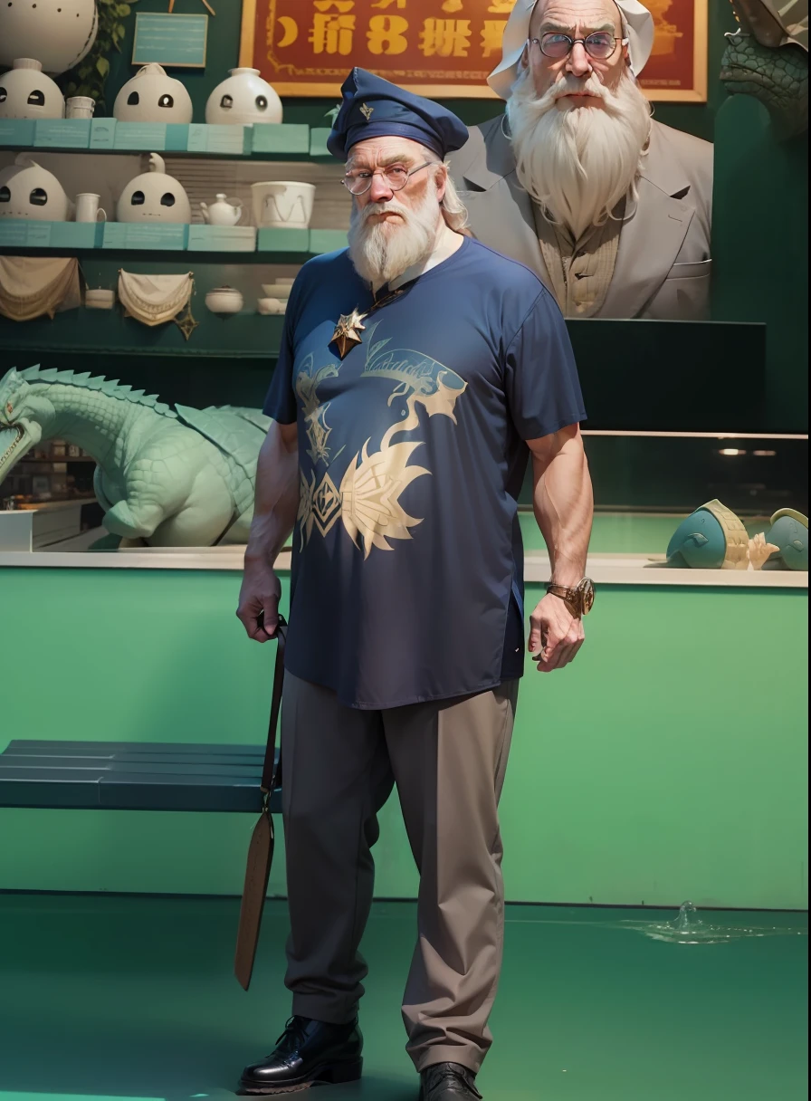 dumbledore，a old man，Big chest，wearing an outfit，Wearing crocodile dragon armor，Wearing a crocodile head hat，muscle men， Man ，Wear half-moon glasses，Realiy，，Blue whale in hand，Full body photo