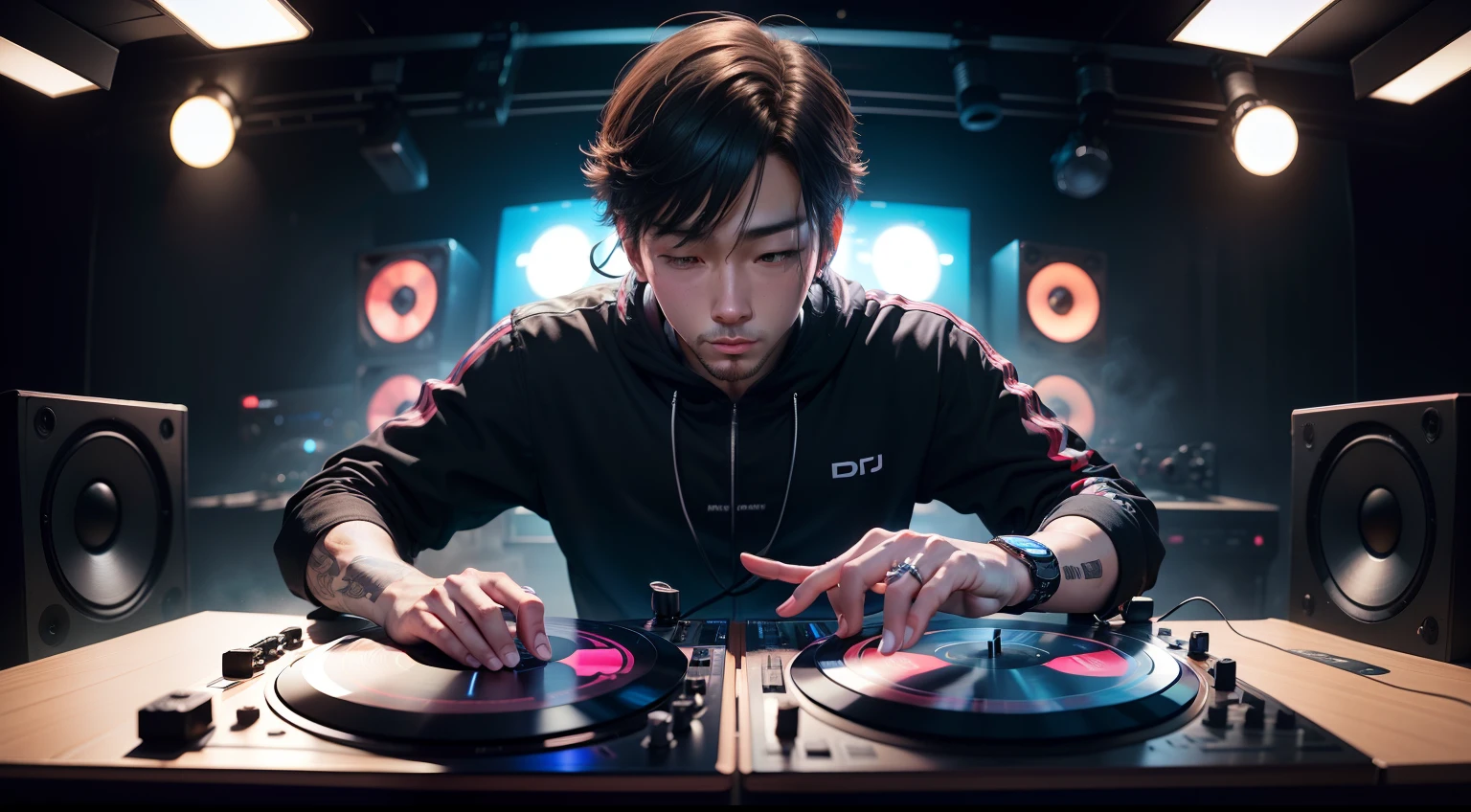 If you are a DJ, DJ operating two turntables、DJ facing the front、Cool male DJ