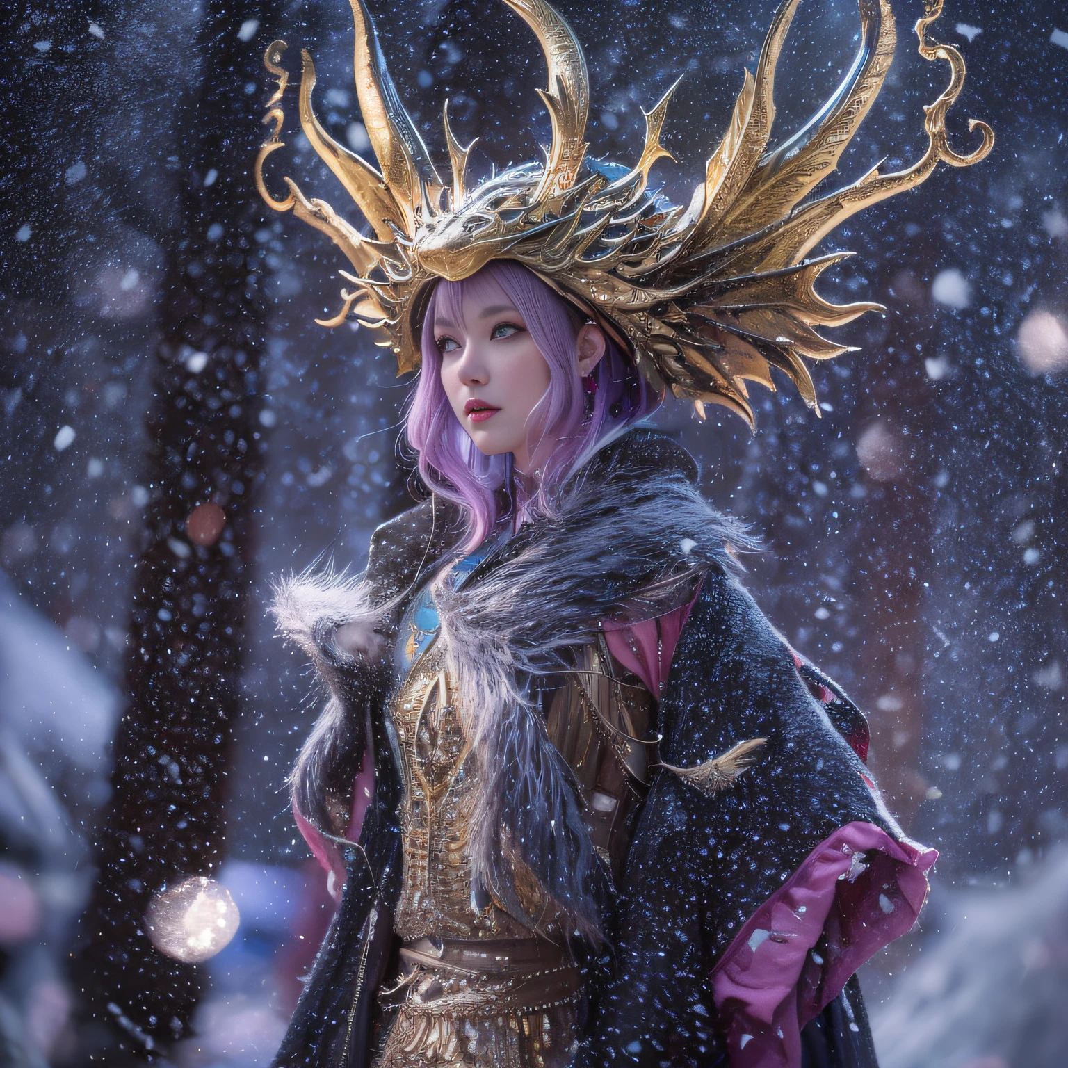 32k,（tmasterpiece，k hd，hyper HD，16k）short detailed hair，Vintage train sleeper area，Snow Circle Witch ，Two Golden Dragon Protectors （realisticlying：1.4），Python robe，Purple apron，Snowflakes fluttering，The background is pure， A high resolution， the detail， RAW photogr， Sharp Re， Nikon D850 Film Stock Photo by Jefferies Lee 4 Kodak Portra 400 Camera F1.6 shots, Rich colors, ultra-realistic vivid textures, Dramatic lighting, Unreal Engine Art Station Trend, cinestir 800，