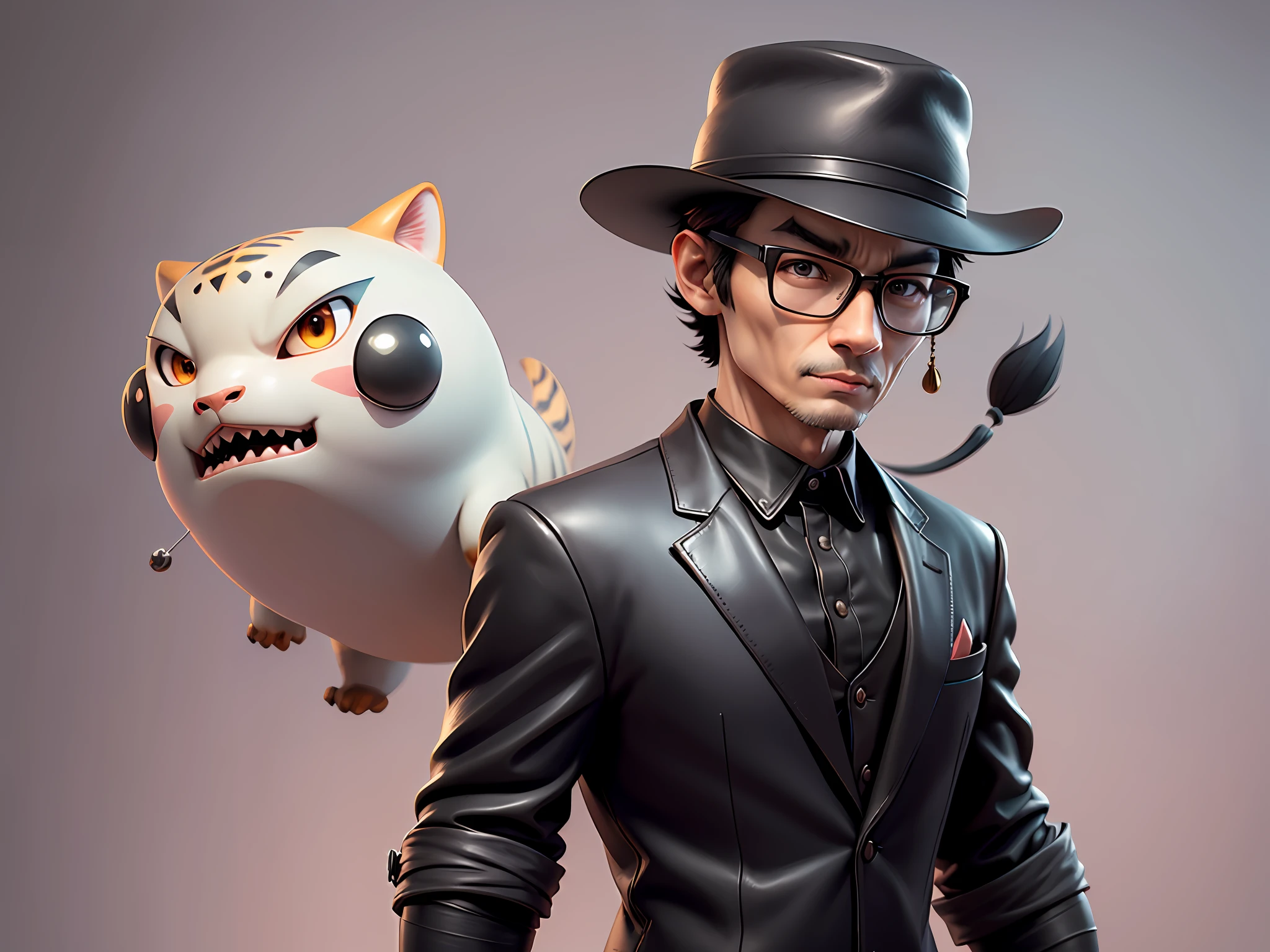 Young man with oriental face in leather hat, dragon, formal suit, short black hair, silver glasses, digital painting, 3D character design by Mark Clairedon and Pixar and Hayao Miyazaki and Akira Toriyama, the illustration is a high-definition illustration in 4K resolution with very detailed facial features and cartoon-style visuals.