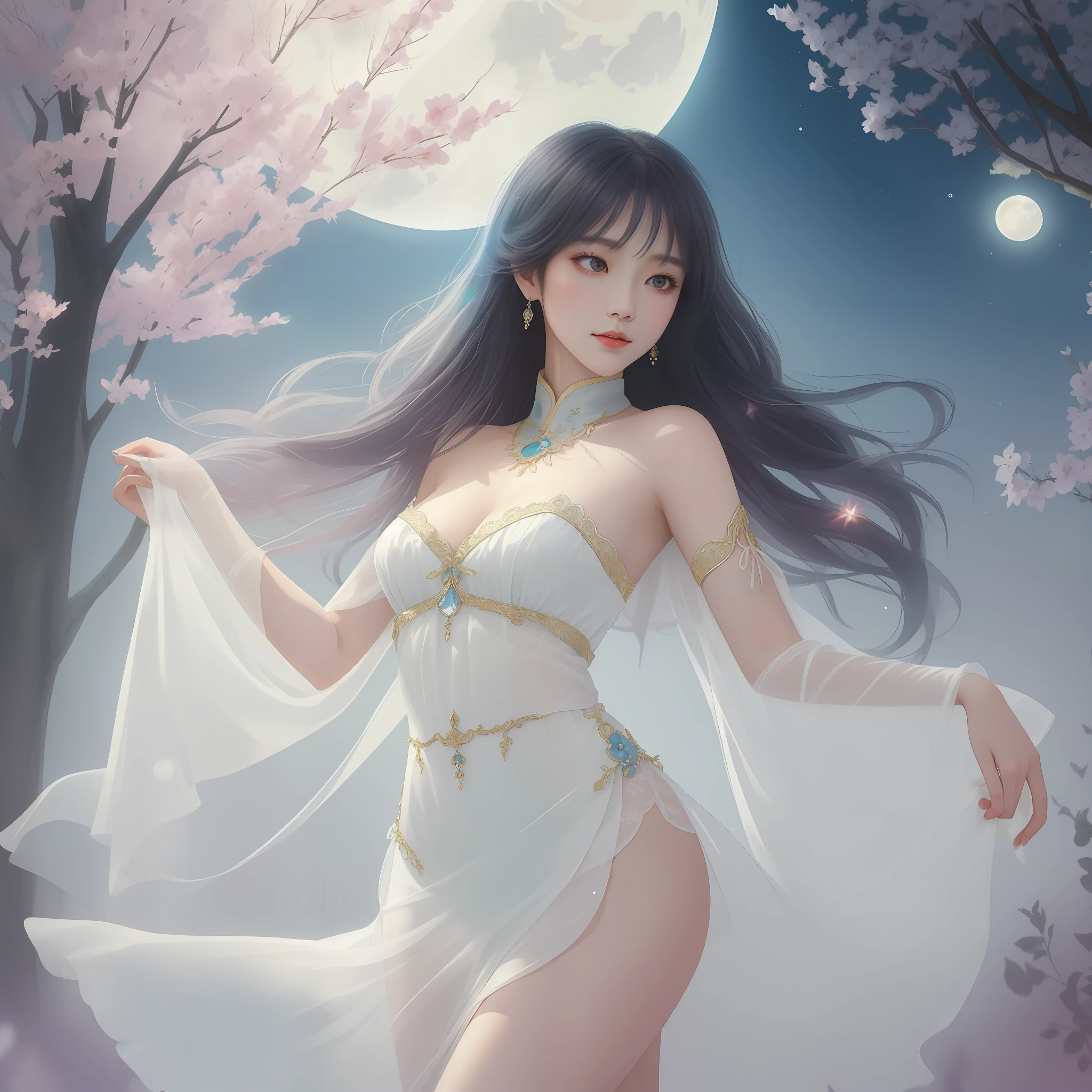 masterpiece、Realistic style、very long purple hair、Beautiful woman、Sleeveless white see-through sexy dress 1:5、White see-through long skirt、brown bikini armor、 (medium breasts), (perfect body)　dignified expression、Holding a dagger 1:5、Desolate European grassland at night、dark fantasy