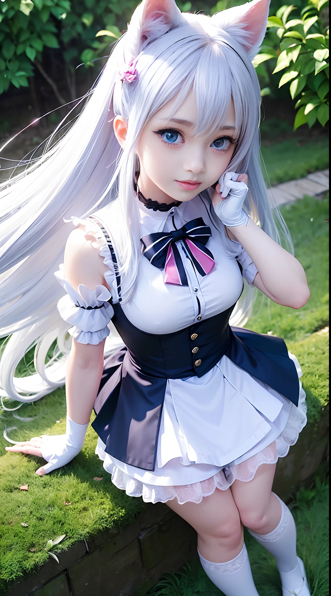 (((masterpiece))), (((best quality))),(extreme CG unity 8k wallpaper),anime, minigirl,cute,kawali,blue eyes,(beautiful detailed eyes),(white long hair):1.2,(white cat ears):1.2,large breast,hair_ornament,(white stockings):1.5, white flowers,choker,collar,(white cat tail):1.5,angel wings,ruins,flowers field,eyeball,(slit pupils):1.5,blush,thigh strap,(halo),ahoge,hair ribbons,primary school uniform,short mini skirt,white panty,fingersmile,maid,gloves ,floating hair,dynamic angle,,