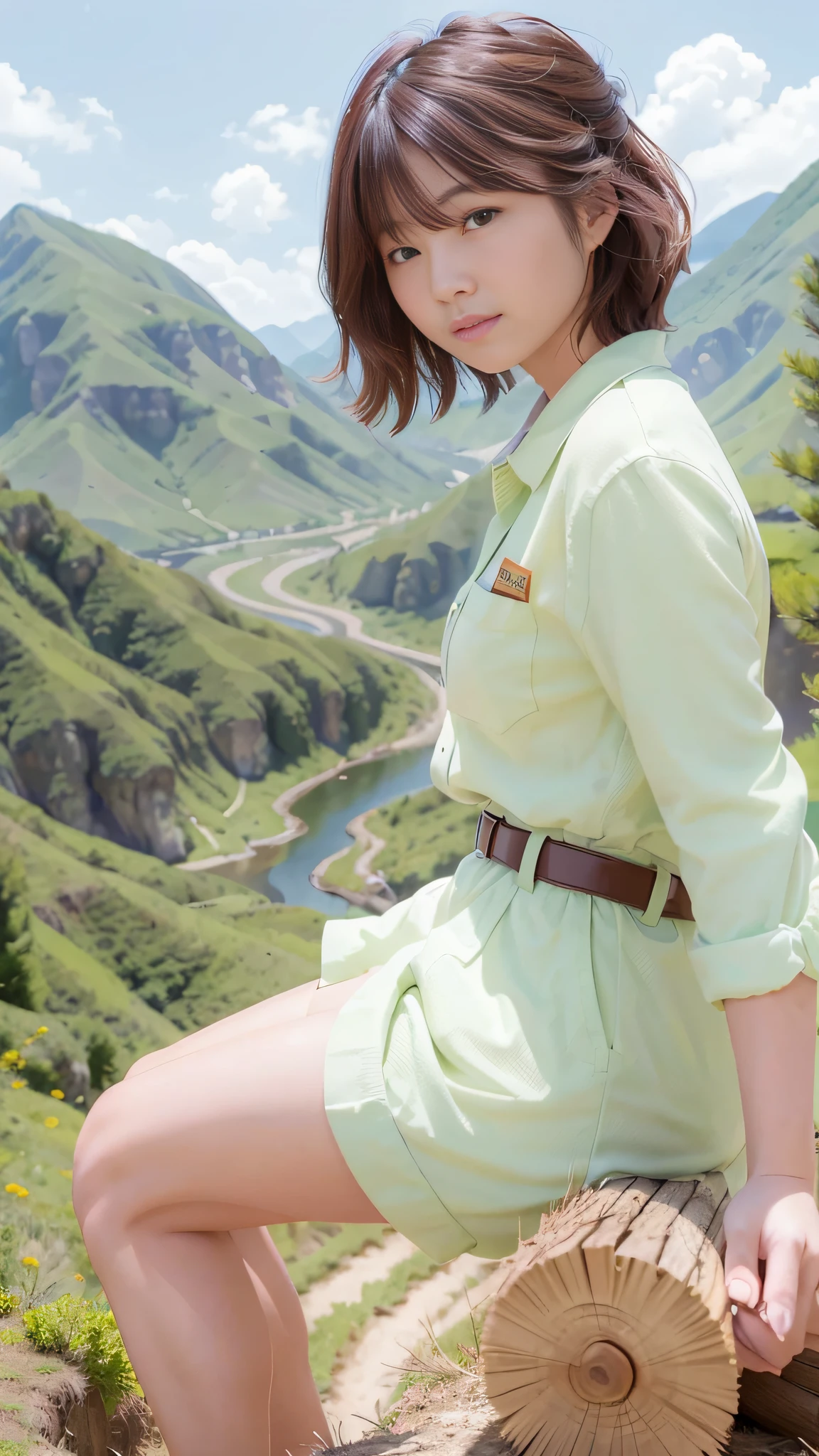 Illustration of a beautiful Japan woman in her 30s working in the mountains。
The woman is wearing work clothes.、I'm using a chainsaw to cut wood。
Beautiful green mountains々The scenery is spreading.、Draw a woman working while enjoying nature。
Women are focused on their work。