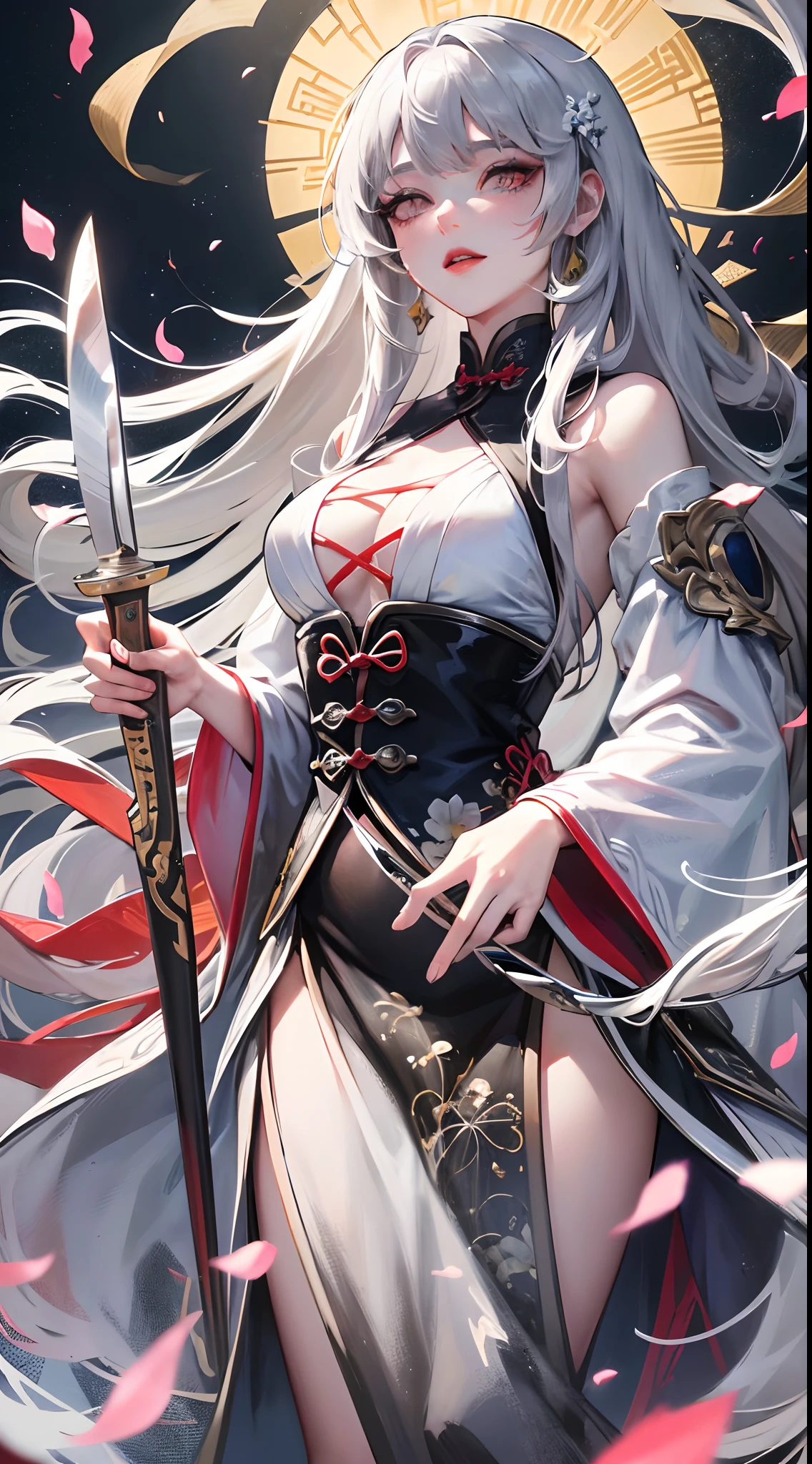 8K, Masterpiece, Best quality, Night, full moon, 1 girl, Chinese style, Chinese architecture, Mature woman, sister, Silver white long haired woman, Long hair, Light pink lips, calm, logical, bangs, Gray pupils, assassins, Fan, Knife fan, petal dancing, Delicate face,