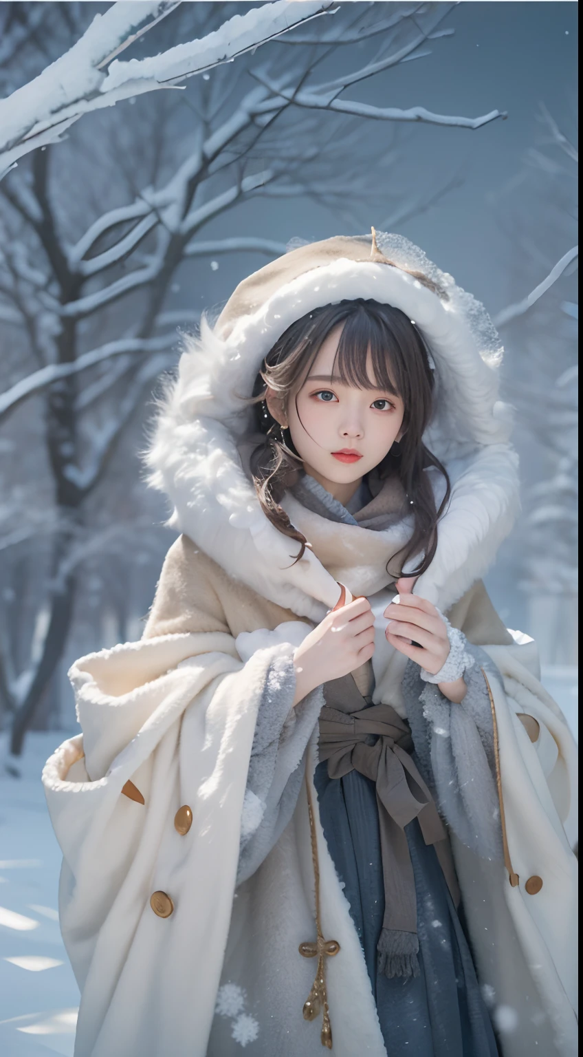 ((Works of masters))，(超高分辨率)，1 girl, Run, Lolita costume，Cloak (Snow, Outdoor activities in winter:1.2),