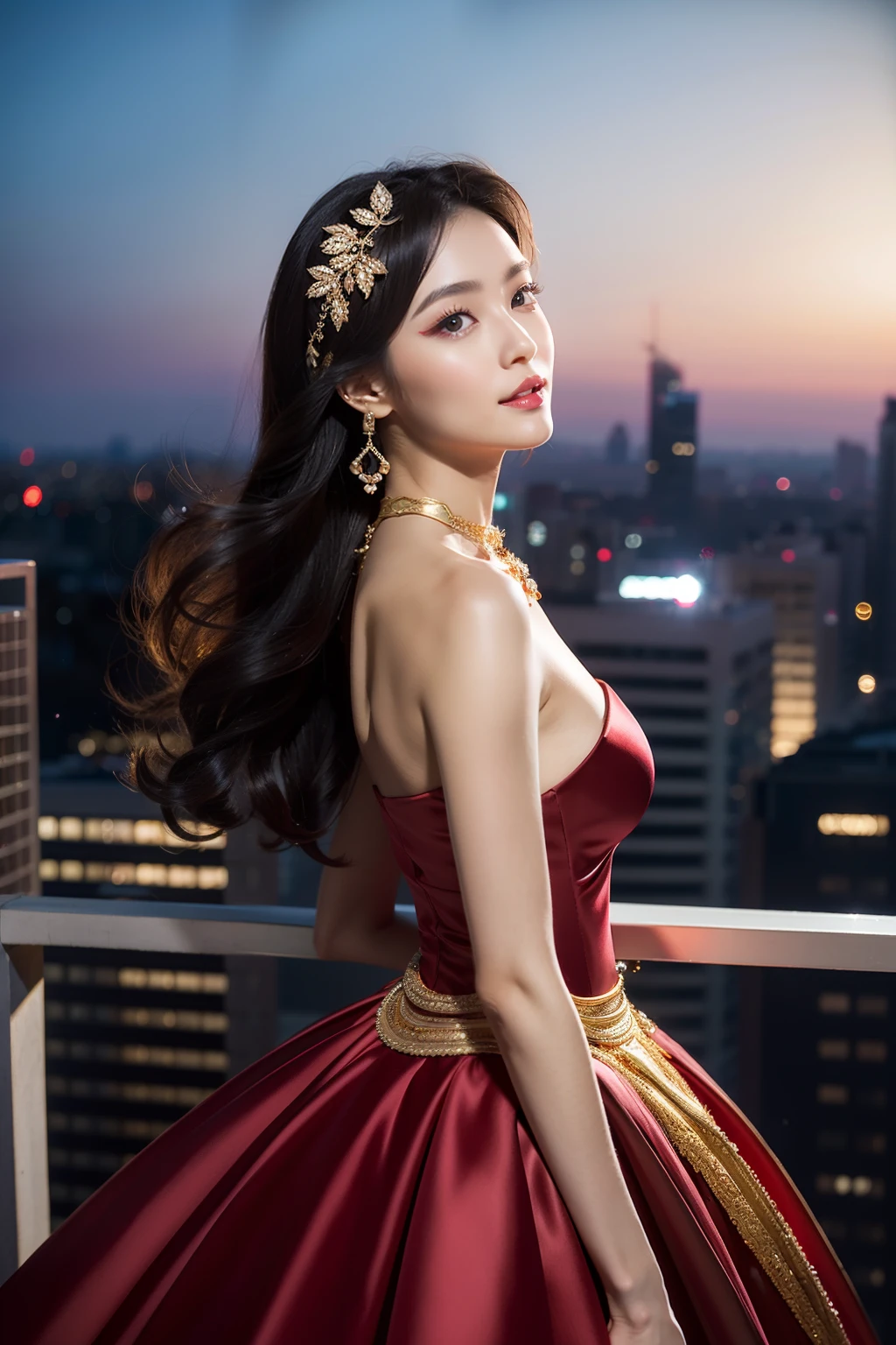 （8K分辨率，Vista full body photo，Photos above the legs），（Multiple women，20yr old，（Facial features of Thai Vill：1.8，Thin skeletal cheeks，s delicate face），Lovely face，com rosto detalhado，详细的脸，（Delicate Japanese makeup），Black colored eyes，（Look into the distance），Long dark red hair，（Messy has layers），Redlip，Fair smooth skin，（Best Skin Type：1.21），mediuml breasts，（Stylish haute couture dresses，（deep v big breasts，Bandeau，Luxury），（materpiece：Satin，terylene，blacksilk），A small number of jewelry hairpins，Luxury necklaces and bracelets，High luxury jewelry display），Tall and tall，The action of conversation，perfect hand，Ultra-fine clothing material），（Modern city，Banquet on the roof of the high-rise building，Night background of the city，Exquisite environmental details），（exhilarated，confident smile，Rejoice），（profesional lighting，动态照明），（（Colors are conflicting，noble，elegance，ellegance（white colors，black in color，golden colored，red colour，in pink））），（Golden section，Cinema lenses，Dynamic shots，Hasselblad photograp，tmasterpiece：1.3），（lady，valentine，Courtesan，idoly，mistic，dream magical，trendsetting，Artis，Art platform）