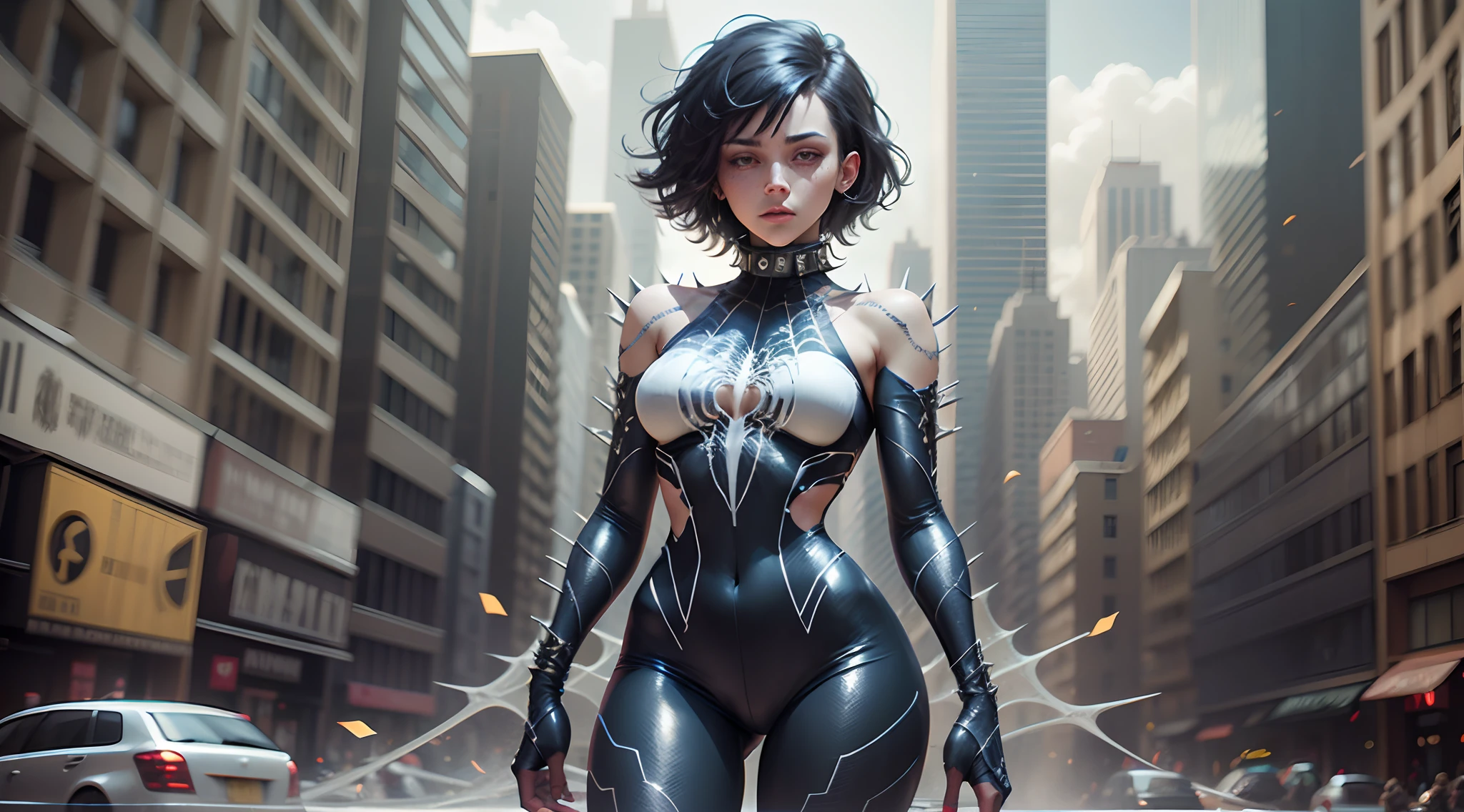 Obra-prima, 8k, realista,  good ilumination, terno preto do homem aranha venom com aranha branca no peito, loira))), cabelo comprido, sem corte, rosto bonito, chuva, telhado, obra-prima, detalhes trincados, anatomia perfeita, (((Swinging in the web)))(camel-toe， Vulvar shape：1.2）,Full body tights 