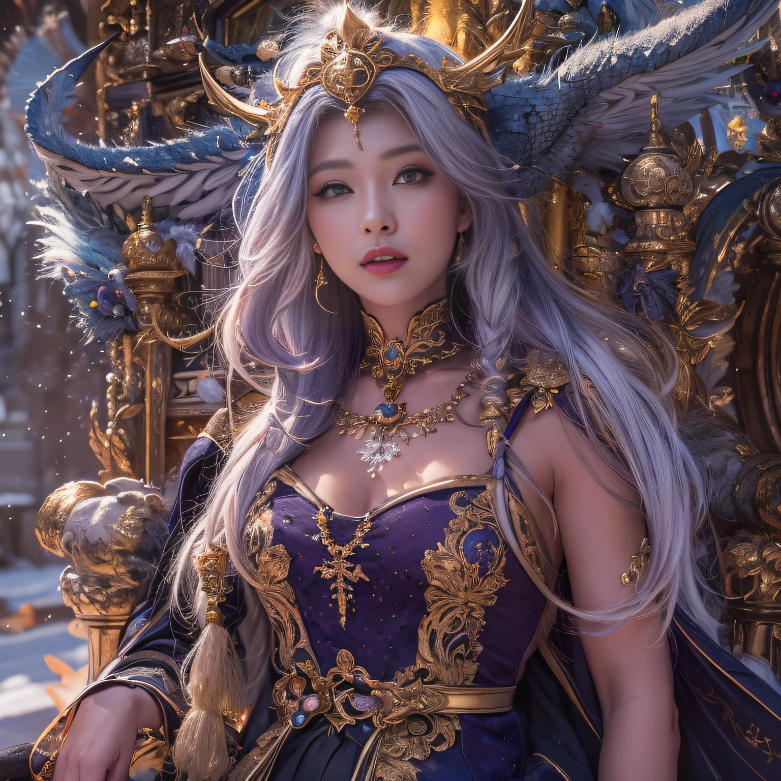 32k,（tmasterpiece，k hd，hyper HD，16k）short detailed hair，Vintage train sleeper area，Snow Circle Witch ，Two Golden Dragon Protectors （realisticlying：1.4），Python robe，Purple apron，Snowflakes fluttering，The background is pure， A high resolution， the detail， RAW photogr， Sharp Re， Nikon D850 Film Stock Photo by Jefferies Lee 4 Kodak Portra 400 Camera F1.6 shots, Rich colors, ultra-realistic vivid textures, Dramatic lighting, Unreal Engine Art Station Trend, cinestir 800，