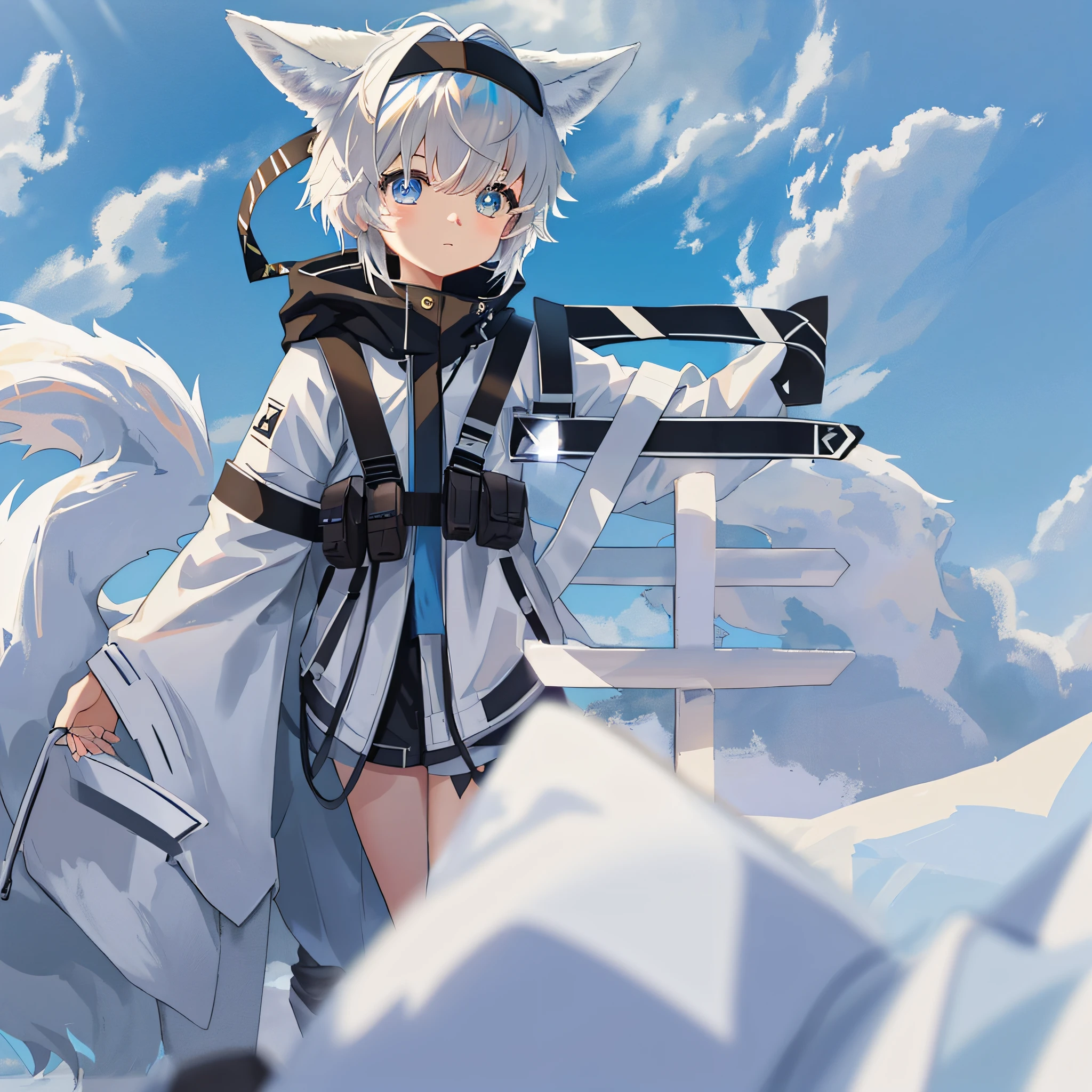1boy,Shota,(high-definition quality,Masterpiece level),Fresh and cold boy character,Wolf ears、Wolf Tail highlights the sense of belonging to the character,Heterochromatic eyes and the color of light blue hair echo each other,with clean lines,Show the modesty and confidence of the character,tmasterpiece, lightblue hair, Heterochromic eyes,(Wolf ears),(Wolf tail),One tail,Lean body type,Dull hair,Brown pick dye,with fair skin,Functional wind