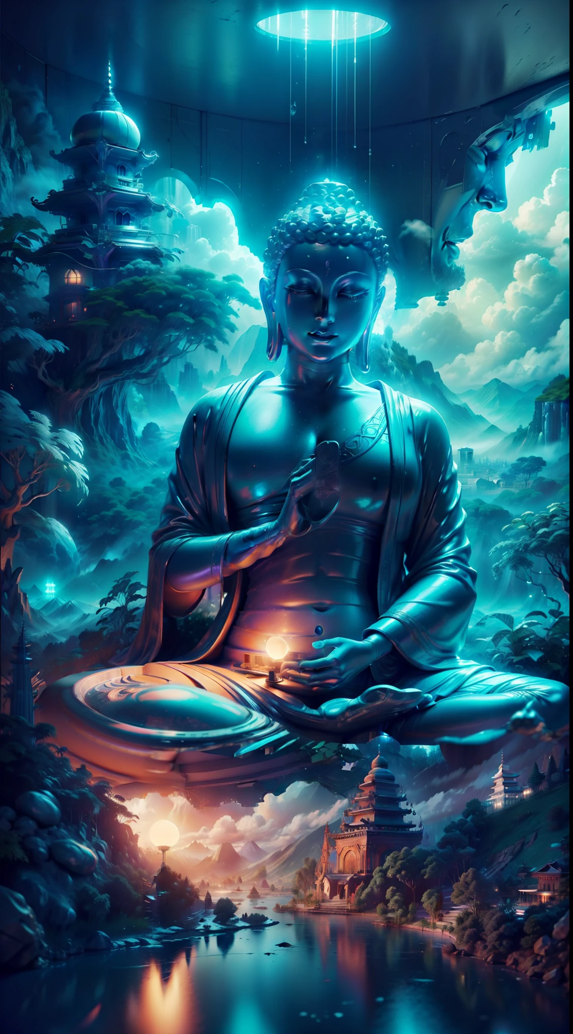 Huge Buddha statue，Sitting in the valley，Close your eyes，A shallow smile，Holding a model of the city in both hands，There is a beautiful rainbow above the city model，The Buddha statue is surrounded by clouds and mist，vapour，fanciful，in a panoramic view， Portrait 8K rendering，  amplitude， Open， cinematic ligh， photorealisti， Shot on a Canon EOS-1D X Mark III， 150mm lens， F / 0.8， Sharp focus， volume fog， Dramaticlight， volumettic light， neonlight， 8K  UHD， digital SLR camera， HighestQuali， filmgrain， deformation， amplitude