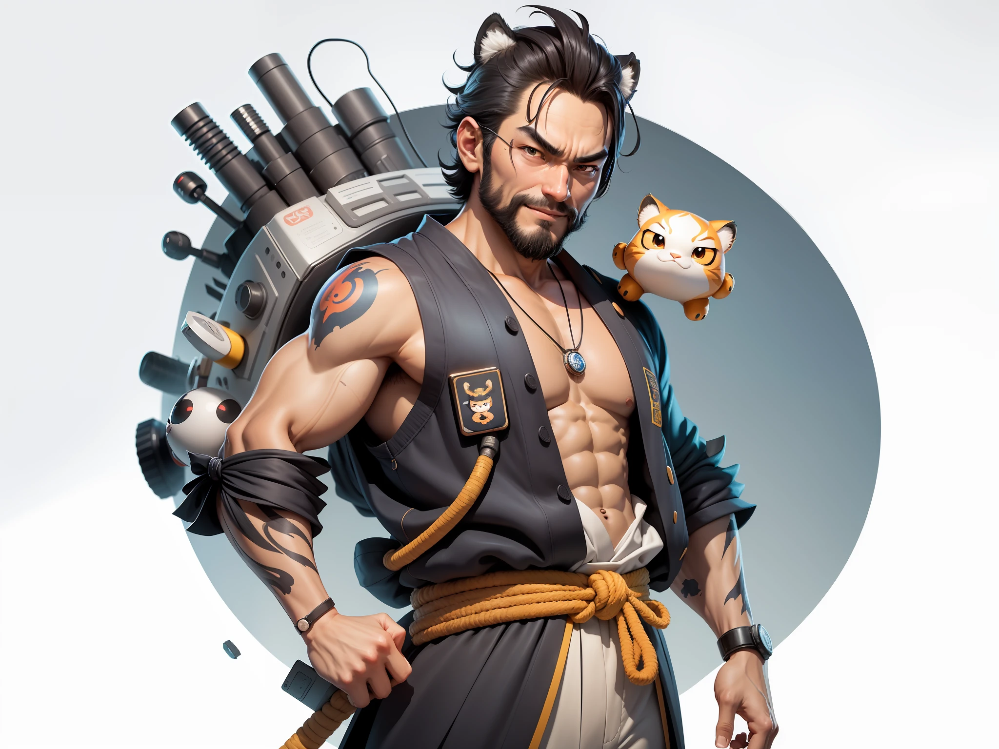 (Daisaku),(Need),(Super meticulous),(full bodyesbian:1.2),Super young man with Japanese geisha,Beautiful,orient,one tiger,Aeolian Thor,Raised sexy,爆乳,Oriental face,TV Anchor,Bust portrait illustration,In black suit,a blue tie,The face is slightly chubby,The face was clean,without a beard,Black super short hair,Black eyes,Smile confidently,3C computer sub-products,iPad, iphone,Digital painting,3D character design by Mark Clairen and Pixar and Hayao Miyazaki and Akira Toriyama,The illustration is a high-definition illustration in 4K resolution,With very detailed facial features and cartoon-style visuals。