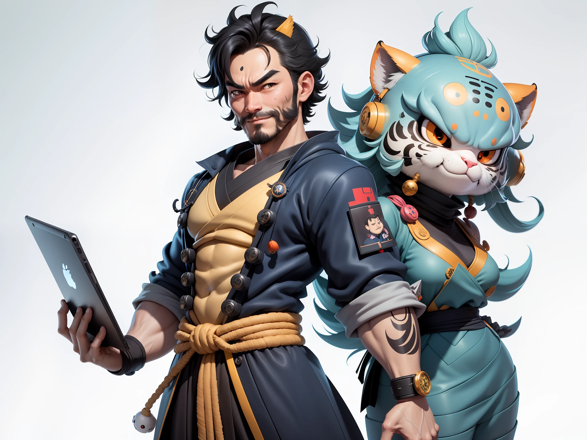 (Daisaku),(Need),(Super meticulous),(full bodyesbian:1.2),Super young man with Japanese geisha,Beautiful,orient,one tiger,Aeolian Thor,Raised sexy,爆乳,Oriental face,TV Anchor,Bust portrait illustration,In black suit,a blue tie,The face is slightly chubby,The face was clean,without a beard,Black super short hair,Black eyes,Smile confidently,3C computer sub-products,iPad, iphone,Digital painting,3D character design by Mark Clairen and Pixar and Hayao Miyazaki and Akira Toriyama,The illustration is a high-definition illustration in 4K resolution,With very detailed facial features and cartoon-style visuals。