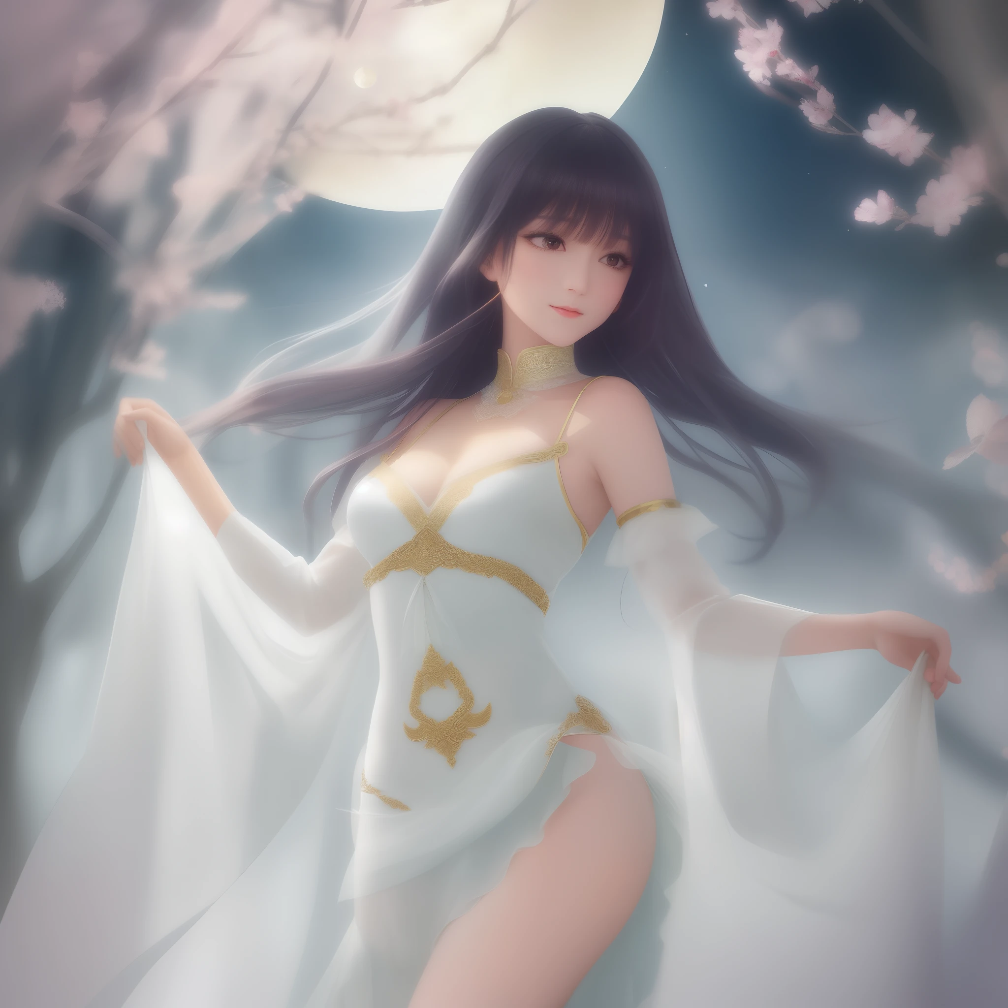 Art depicts a charming woman,Dressed in a flowing manner、Silky traditional oriental Dunhuang flying skirt,white colors,Decorated with intricate patterns and bright colors。Her dress draped elegantly over her curvy figure,Highlights her seductive silhouette。She stood gracefully in the quiet moonlit night,bathed in the soft glow of the moonlight。The scene exudes an ethereal and dreamy atmosphere,With a touch of mystery and sexiness。The image style incorporates watercolor and digital illustration techniques,It evokes a refined beauty and charm。The lights are filled with soft moonlight,casting soft highlights and shadows on her charming features。Bare thighs,Medium chest,Three-dimensional perfect facial features,sitted,your slender thighs,