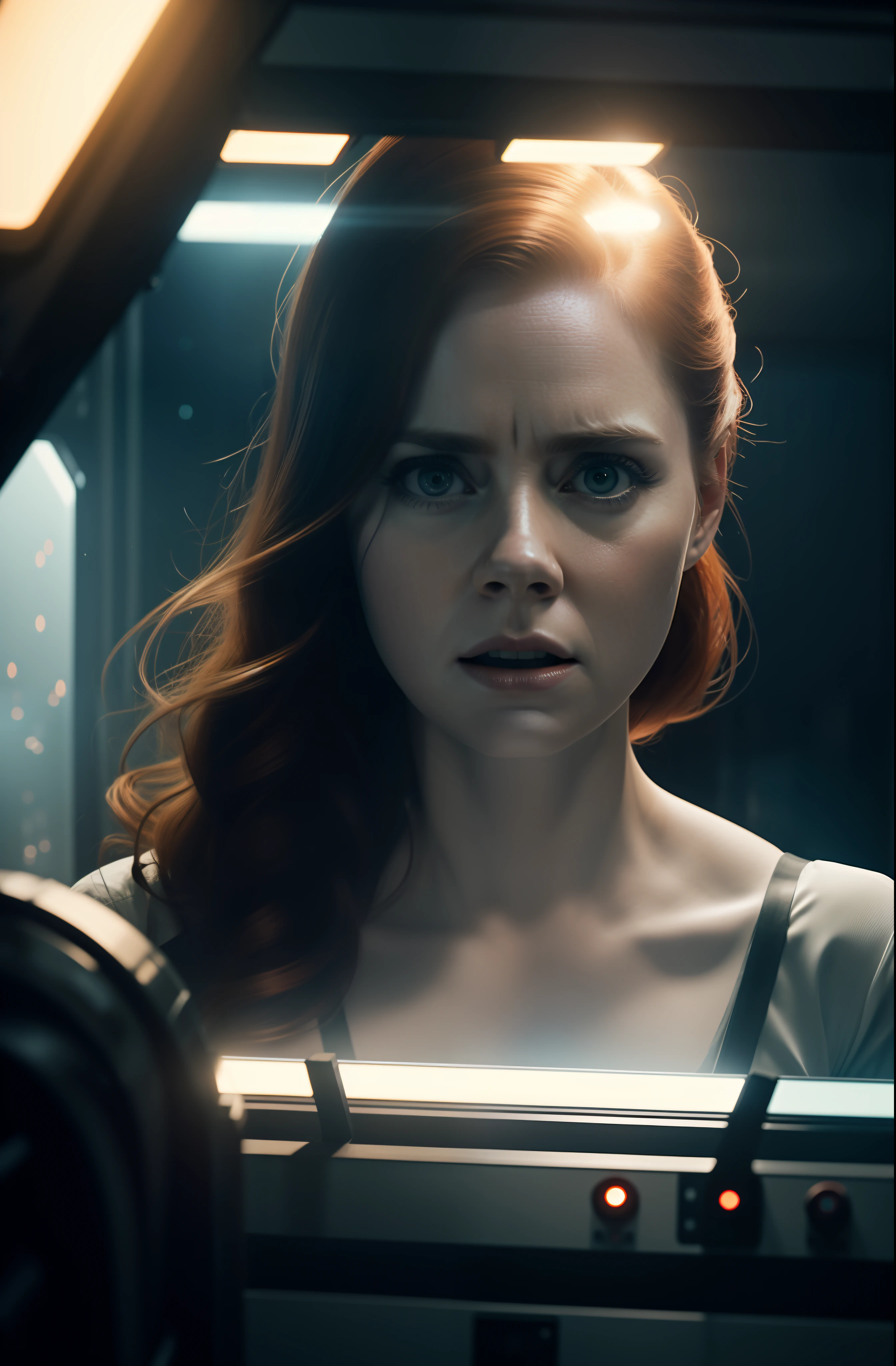 Hot terrified Amy Adams as a Scientist on Ishimura Horror Space Ship photography, natural light, photorealism, cinematic rendering, ray tracing, the highest quality, the highest detail, Cinematic, Third-Person View, Blur Effect, Long Exposure, 8K, Ultra-HD, Natural Lighting, Moody Lighting, Cinematic Lighting