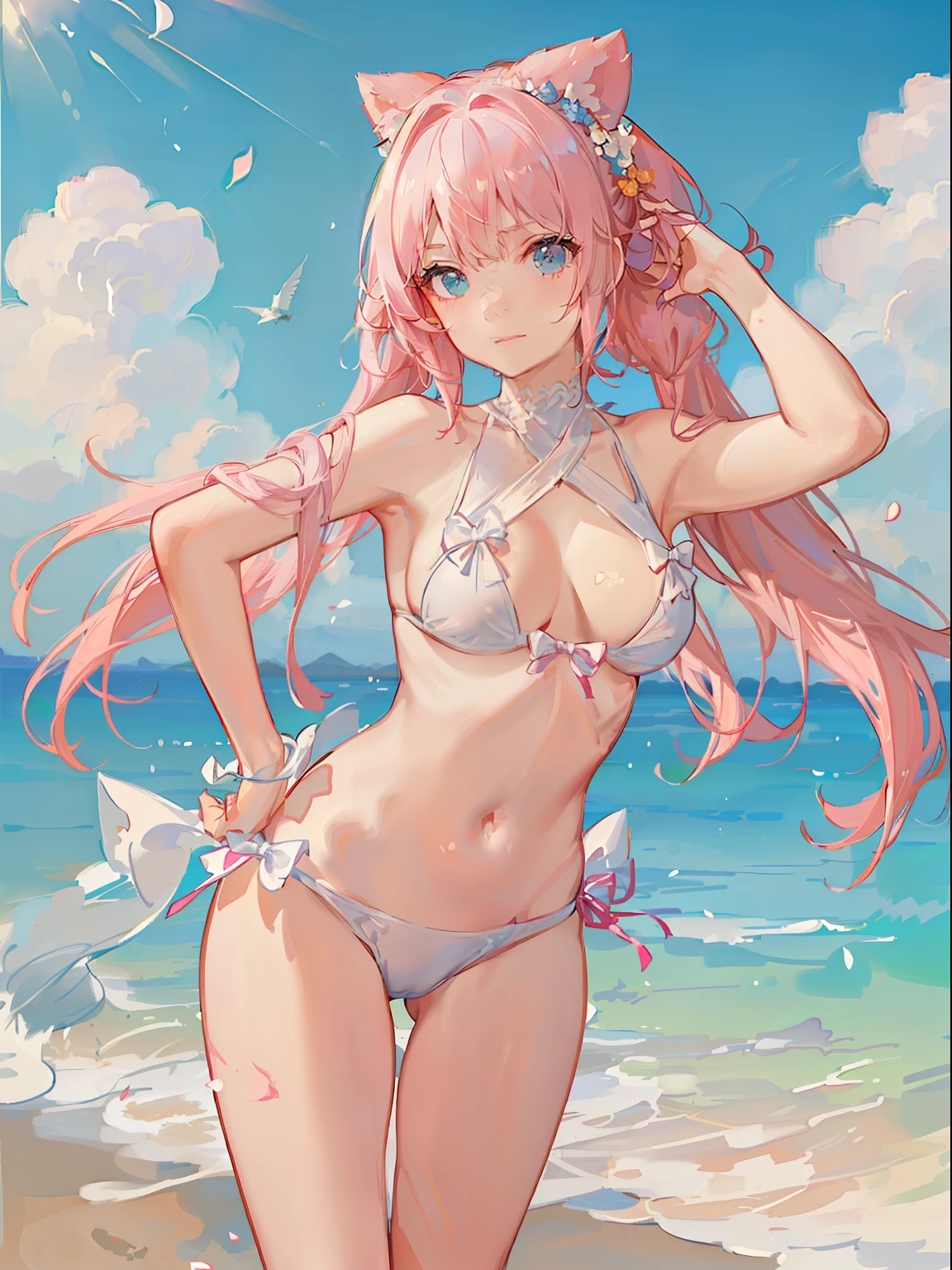 （tmasterpiece），（best qualtiy），（ultra - detailed），（Ultra photo realsisim），（best character detail：1.36），physically-based renderingt，
light pink colored hair，long whitr hair，Braided over the shoulders，Cute girls，White swimsuit，Bow knot，Cute swimsuit，blossoms，Gentle expression