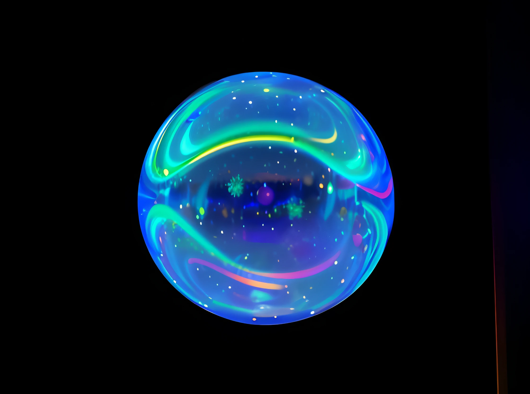 Close-up of blue and green objects with black background, holographic krypton ion, blue circular hologram, Plasma Globe, Soap Bubbles, volumetric lighting iridescence, Refractive caustics, 3 d fluid simulation render, whirling plasma, houdini fluid simulation, iridescent soapy bubbles, fluid simulation, Hot air refraction