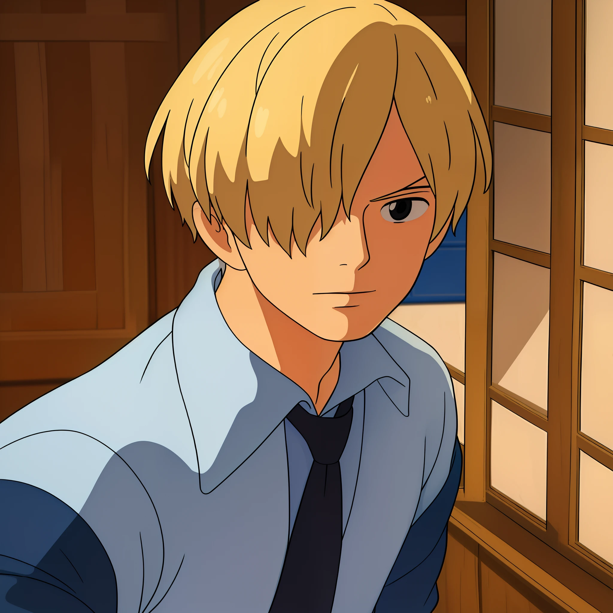 ((best quality)), ((masterpiece)), ((detailed background)), ((high quality illustration)), 1boy, wanostyle, sanji, blonde hair, bangs covering one eye, curly eyebrows, male focus, solo, indoors, collared shirt, upper body, cowboy shot, bangs, black eyes, dark blue jacket, facial hair, long sleeves, necktie, miyazaki hayao