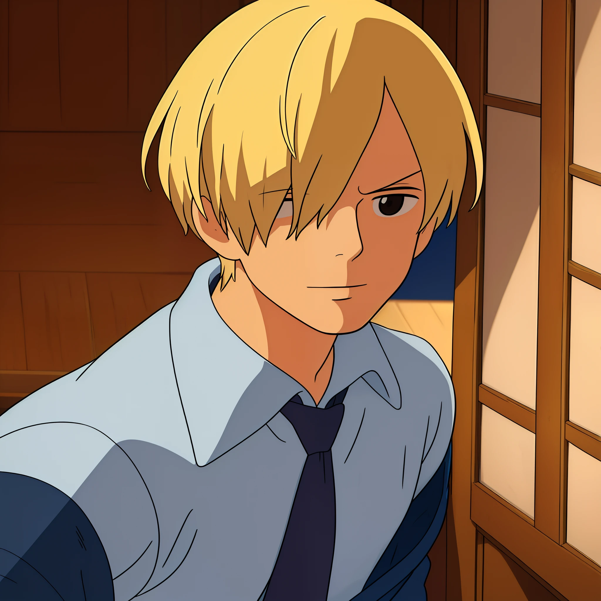 ((best quality)), ((masterpiece)), ((detailed background)), ((high quality illustration)), 1boy, wanostyle, sanji, blonde hair, bangs covering one eye, curly eyebrows, male focus, solo, indoors, collared shirt, upper body, cowboy shot, bangs, black eyes, dark blue jacket, facial hair, long sleeves, necktie, miyazaki hayao