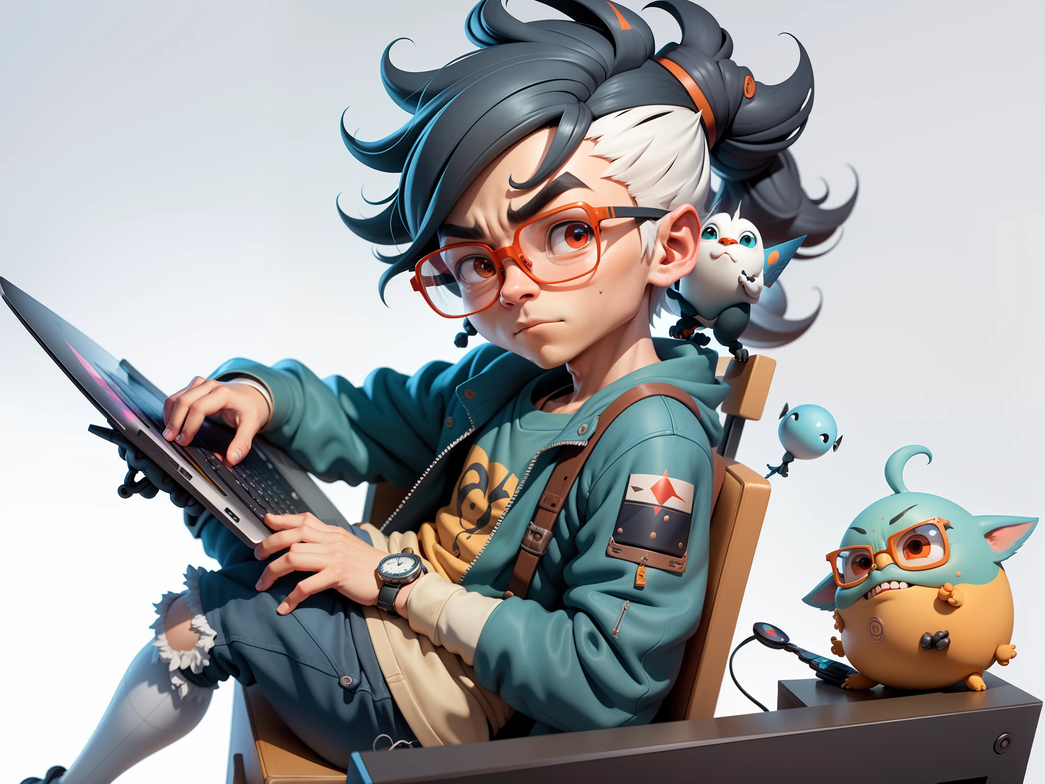 A young man with glasses sits at his desk,holding laptop,digitial painting,3D character design by Mark Clairen and Pixar and Hayao Miyazaki and Akira Toriyama,4K HD illustration,Very detailed facial features and cartoon-style visuals。