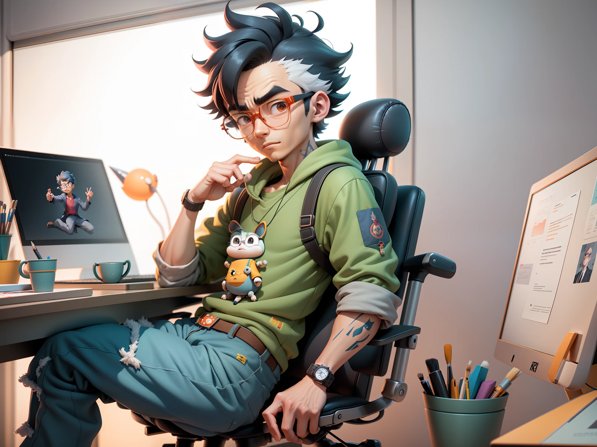 A young man with glasses sits at his desk，holding laptop，digitial painting，3D character design by Mark Clairen and Pixar and Hayao Miyazaki and Akira Toriyama，4K HD illustration，Very detailed facial features and cartoon-style visuals。