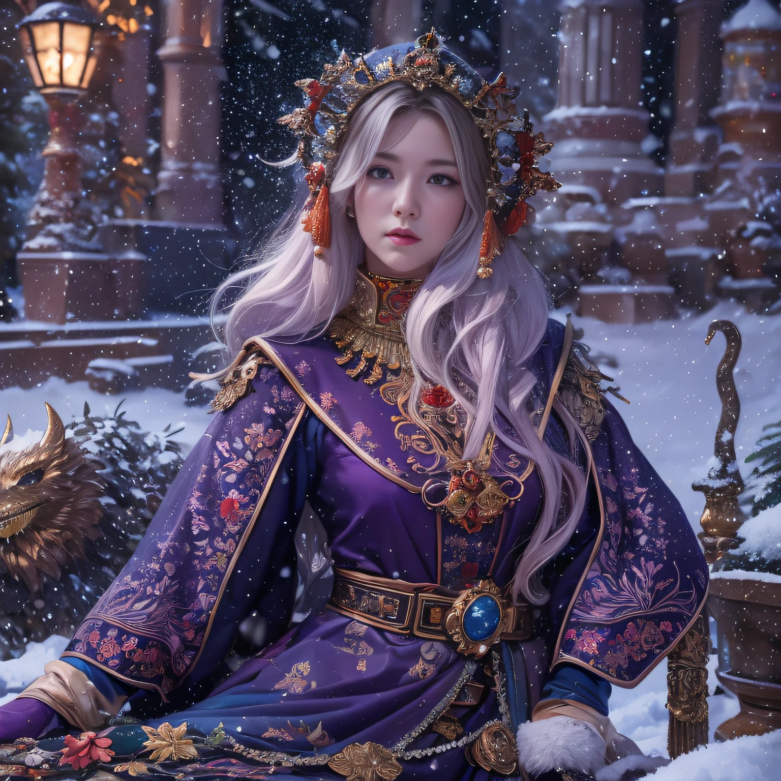 32k,（tmasterpiece，k hd，hyper HD，16k）short detailed hair，Vintage train sleeper area，Snow Circle Witch ，Two Golden Dragon Protectors （realisticlying：1.4），Python robe，Purple apron，Snowflakes fluttering，The background is pure， A high resolution， the detail， RAW photogr， Sharp Re， Nikon D850 Film Stock Photo by Jefferies Lee 4 Kodak Portra 400 Camera F1.6 shots, Rich colors, ultra-realistic vivid textures, Dramatic lighting, Unreal Engine Art Station Trend, cinestir 800，