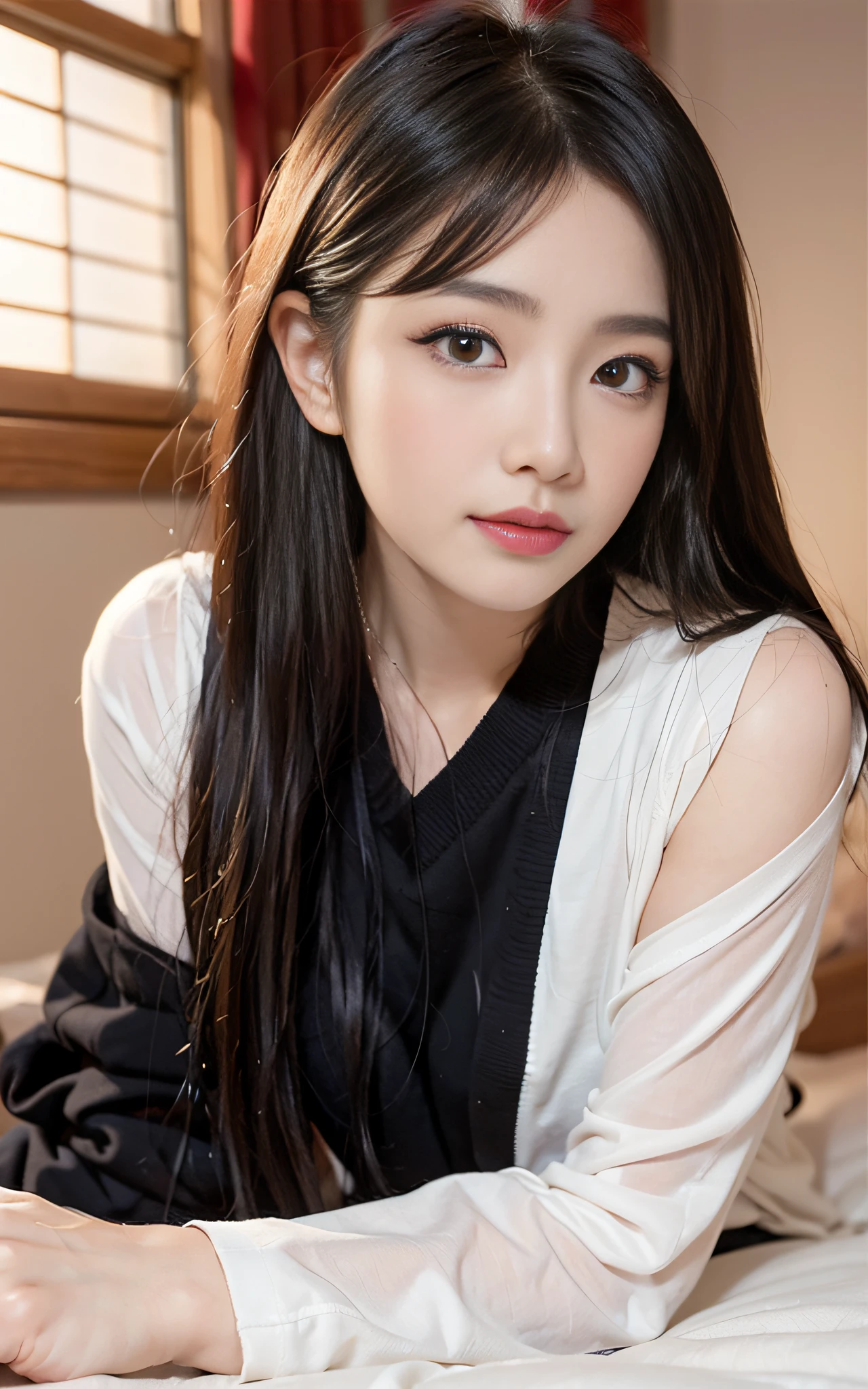 Long haired Alafed woman lying on bed in white shirt, gorgeous chinese model, Beautiful Asian Girl,(((beautiful countenance))),(((big eye))),(((Beautiful eyes))),(((long lashes))),((Beautiful teeth alignment)), Gorgeous young Korean woman, soft portrait shot 8 k, beautiful Korean women, Korean Girl, goddess of Japan, ig model | ArtGerm, lovely delicate face, Beautiful young Korean woman, Asian girl with long hair, Japanese Models, Beautiful Asian Woman