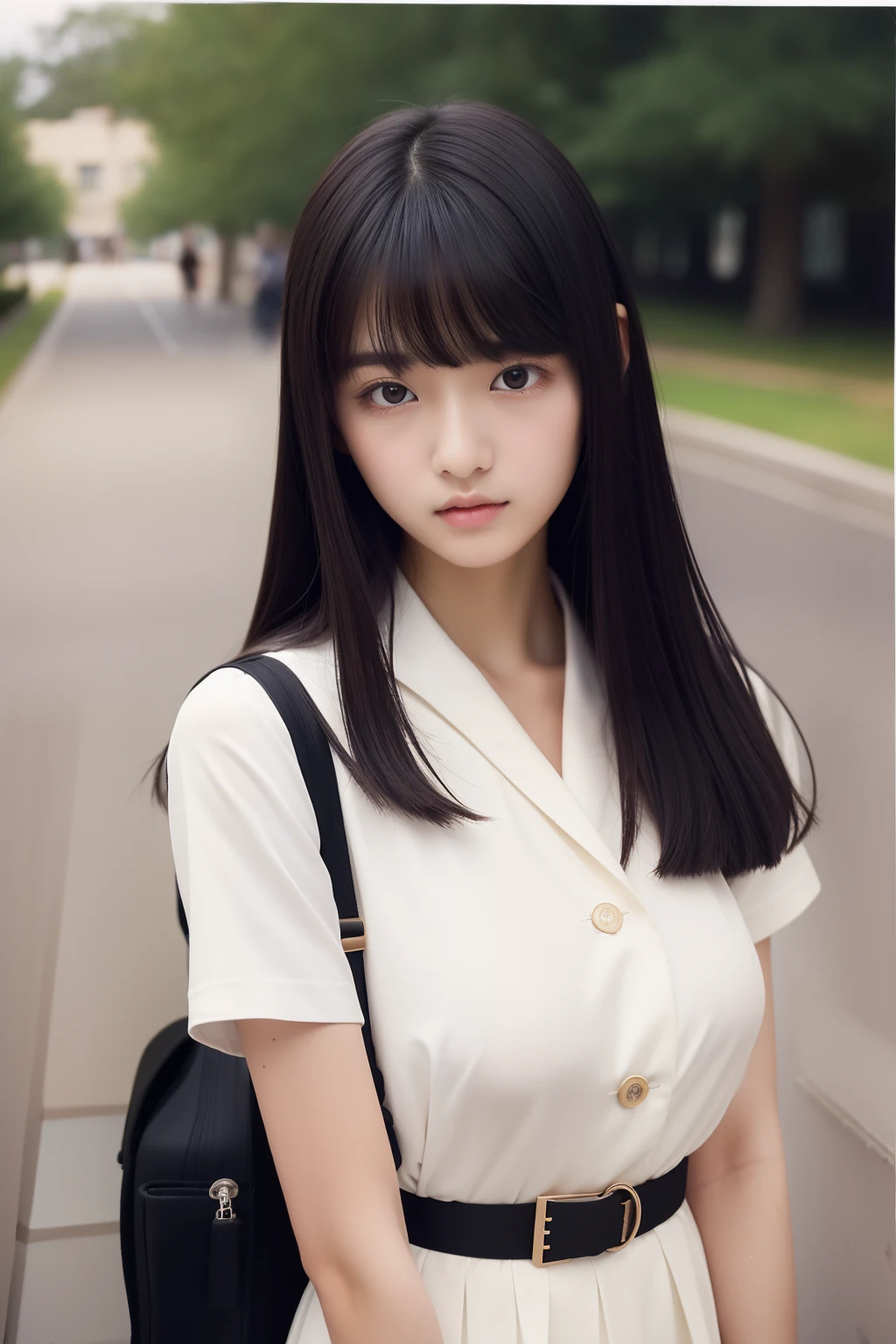 ​masterpiece、of the highest quality、one girls、20 years girl、A dark-haired、Straight black hair、I have bangs、huge tit、校服、college girls、Neat girl、no-makeup、cute little、Fashion magazine trends、Women's Magazine Trends、School Bag、atlibrary