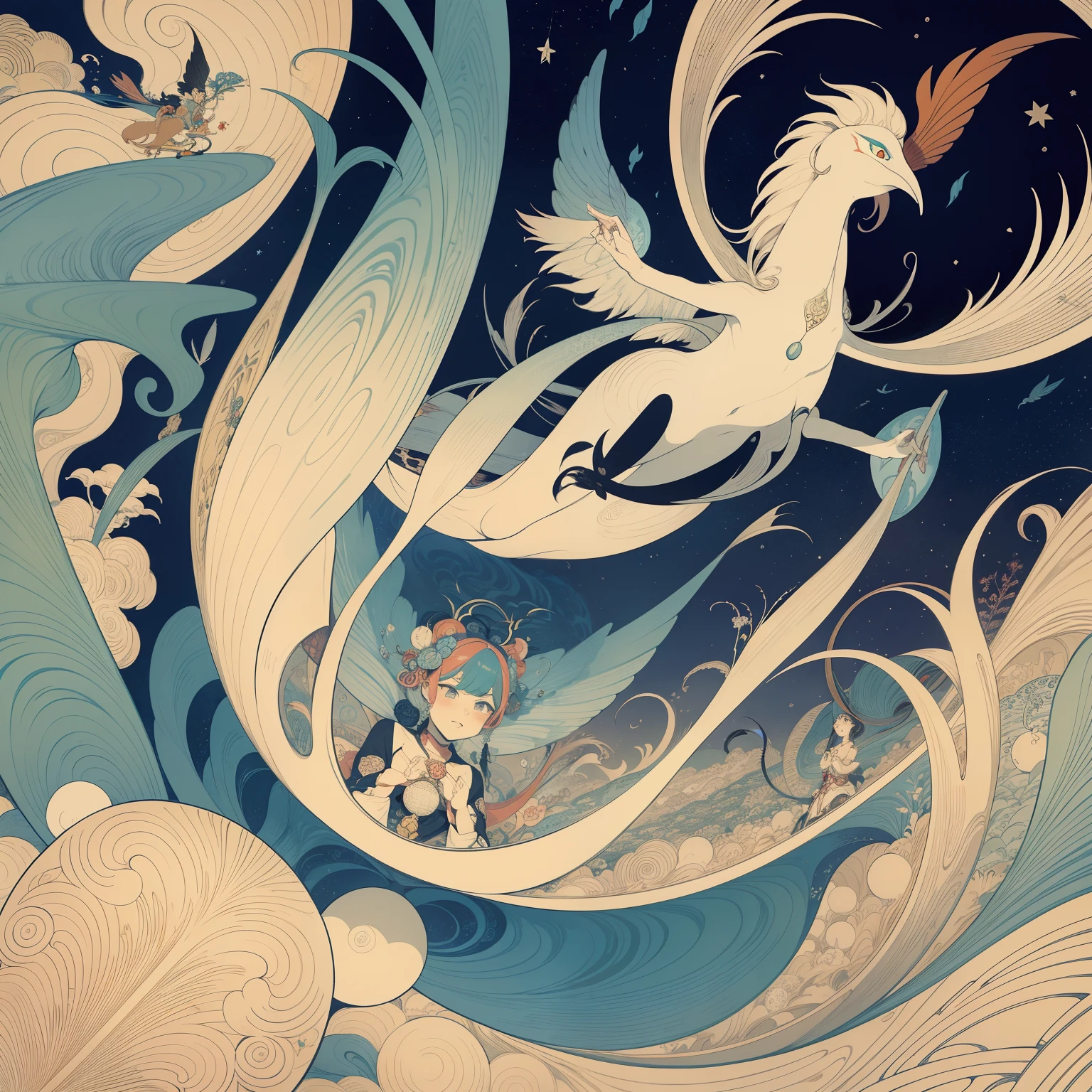 Ukiyo-e style Frank Pape, Kay Nielsen, Milo Winter, animesque surreal wondrous strange Whimsical absurderes fanciful Sci-Fi Fantasy Curvilinear perspective Bit geometry Bird feathers Rough diamonds Star Rainbow bicycle