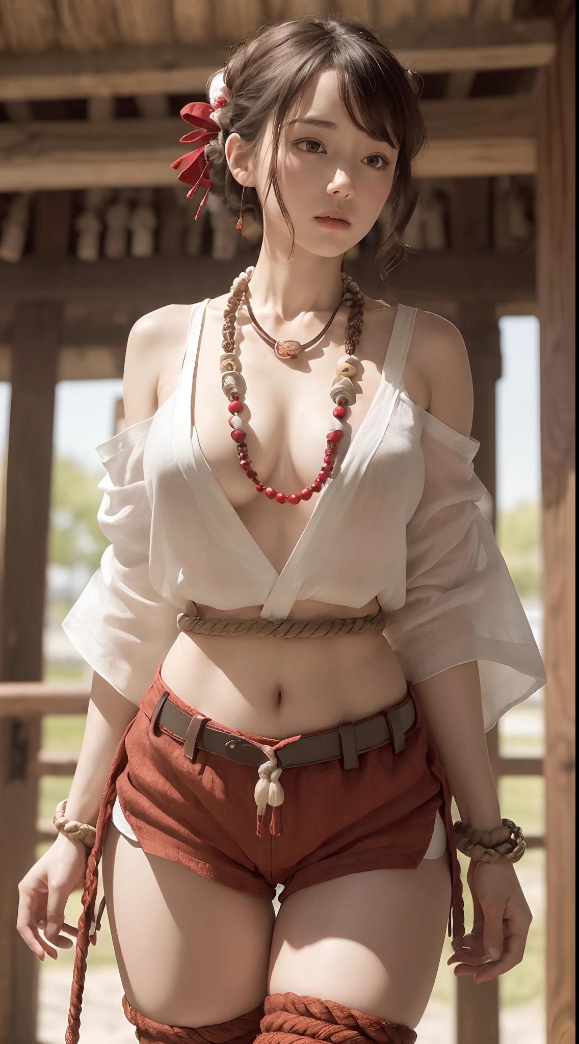 photorealistic, dynamic pose, low angle, ultra high details, 1girl, delicate face, innocent, pale skin, rope headband, (short wavy hair):1.2, ((wooden prayer beads necklace, rugged white kimono, huge rope belt, rugged red linen short shorts with open sides, net thigh highs):1.2), panty visible, (small waist):1.2, ((wide thigh gap):1.2, (wide thighs):1.2), masterpiece