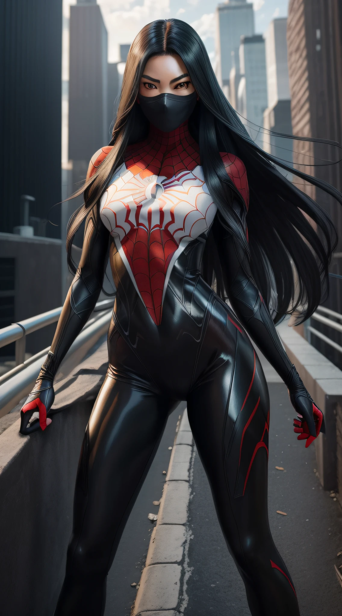 Cindy Moon, Silk, posing on a roof, wears a (black form-fitting spider-man bodysuit) with a sleek, textured (web-like white patterns), the suit covers her entire body, including her arms, legs, and torso, suit includes a (red spider emblem) on the chest, wears a (red mask) that covers her head, leaving only her eyes and mouth exposed, (long, flowing black hair), (full body render), (full body view), fine detail, hyper realistic, HD, 4K, definition, texture, perfect detail, perfect face, beautiful, hyperrealism, trending on artstation