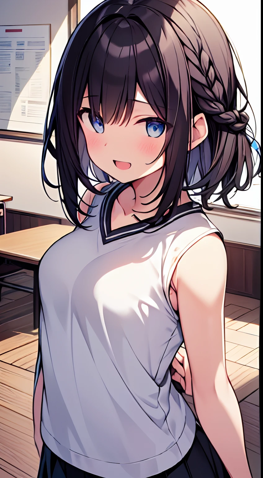 masutepiece, Best Quality,Illustration, Wallpaper, Ultra Detail, 1girl in,Solo,Beautiful detailed eyes,Very thick contour lines、Medium Short-Cut Hair、Short, Braided hair、(student clothes)、Dark hair color、Open mouth and big smile、Kamimei、Angle from which you can see the whole body、Overlooking angle:1.2、small head、ample breasts