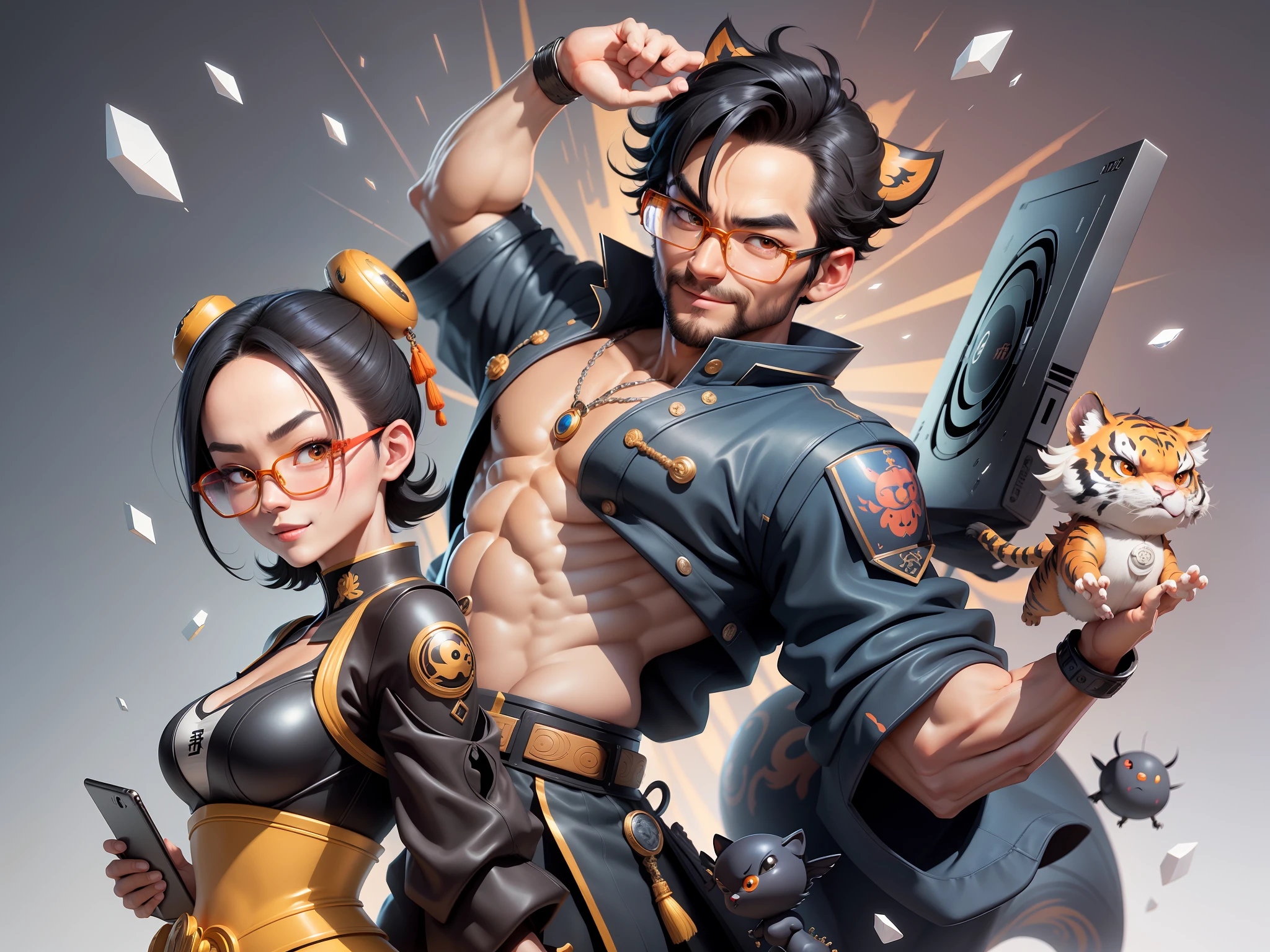 (Masterpiece), (Excellent), (Super Meticulous), (Full Body: 1.2), Super Young Man with Japanese Female Geisha, Pretty, Beautiful, Chinese Dragon, Tiger, Wind God Thor, Sexy, Bursting, Oriental Face, TV Anchor, Bust Portrait Illustration, Black Suit, Blue Tie, Slightly Chubby Face, Silver Glasses, Very Clean Face, No Beard on Chin, Black Super Short Hair, Black Eyes, Confident Smile, 3c Computer Sub-Products, iPad, iPhone, Digital Painting, 3D character design by Mark Clairedon and Pixar and Hayao Miyazaki and Akira Toriyama, the illustrations are HD illustrations in 4K resolution with highly detailed facial features and cartoon-style visuals.