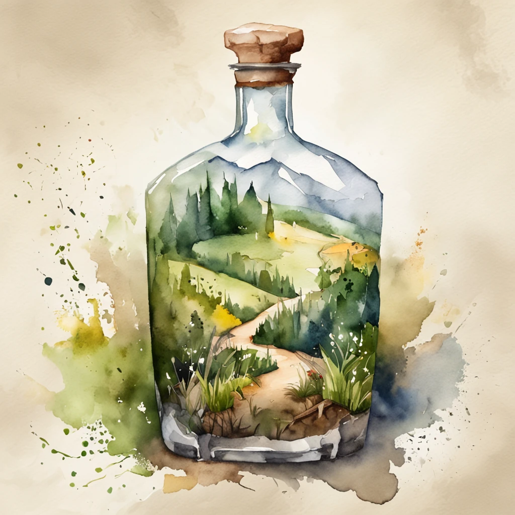 (An intricate forest minitown landscape trapped in a bottle), atmospheric oliva lighting, on the table, 4k UHD, dark vibes, hyper detailed, vibrant colours forest background, epic composition, octane render, sharp focus, high resolution isometric