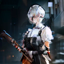 ((Black Maid Outfit、With white collar、short-hair、white hair、1 girl in))、(hold a gun)、falda corta、garterbelts、Knitted tights、Camera a little closer、ruins、high-heels、middlebreast、