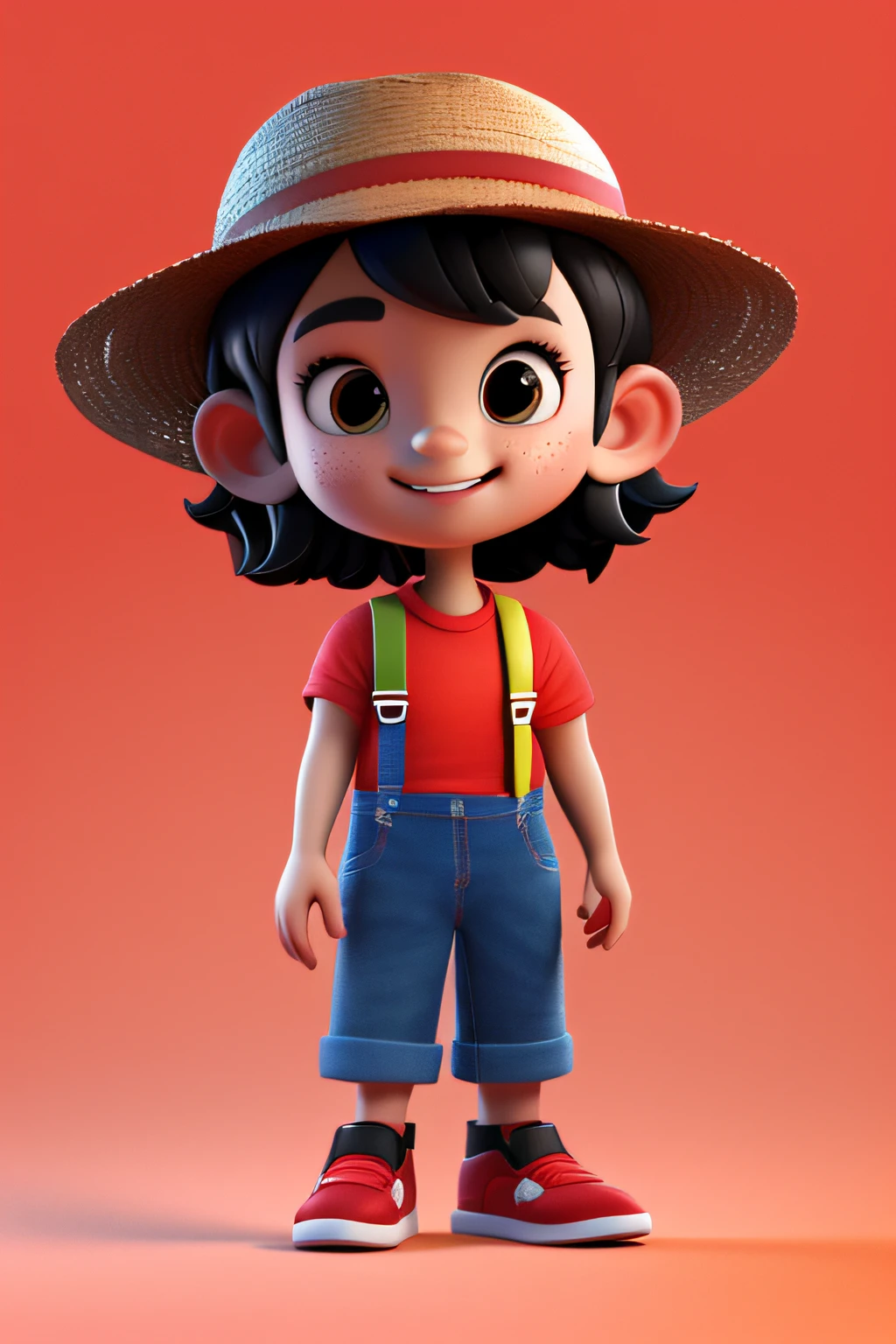 3d character,farmer ,black color hair,young,YOUTH,wearing straw Hat and red shirt and Dungarees,smil(A half body:1.3),simplebackground,a masterpiece of,Best Quority,(red gradient background:1.1)