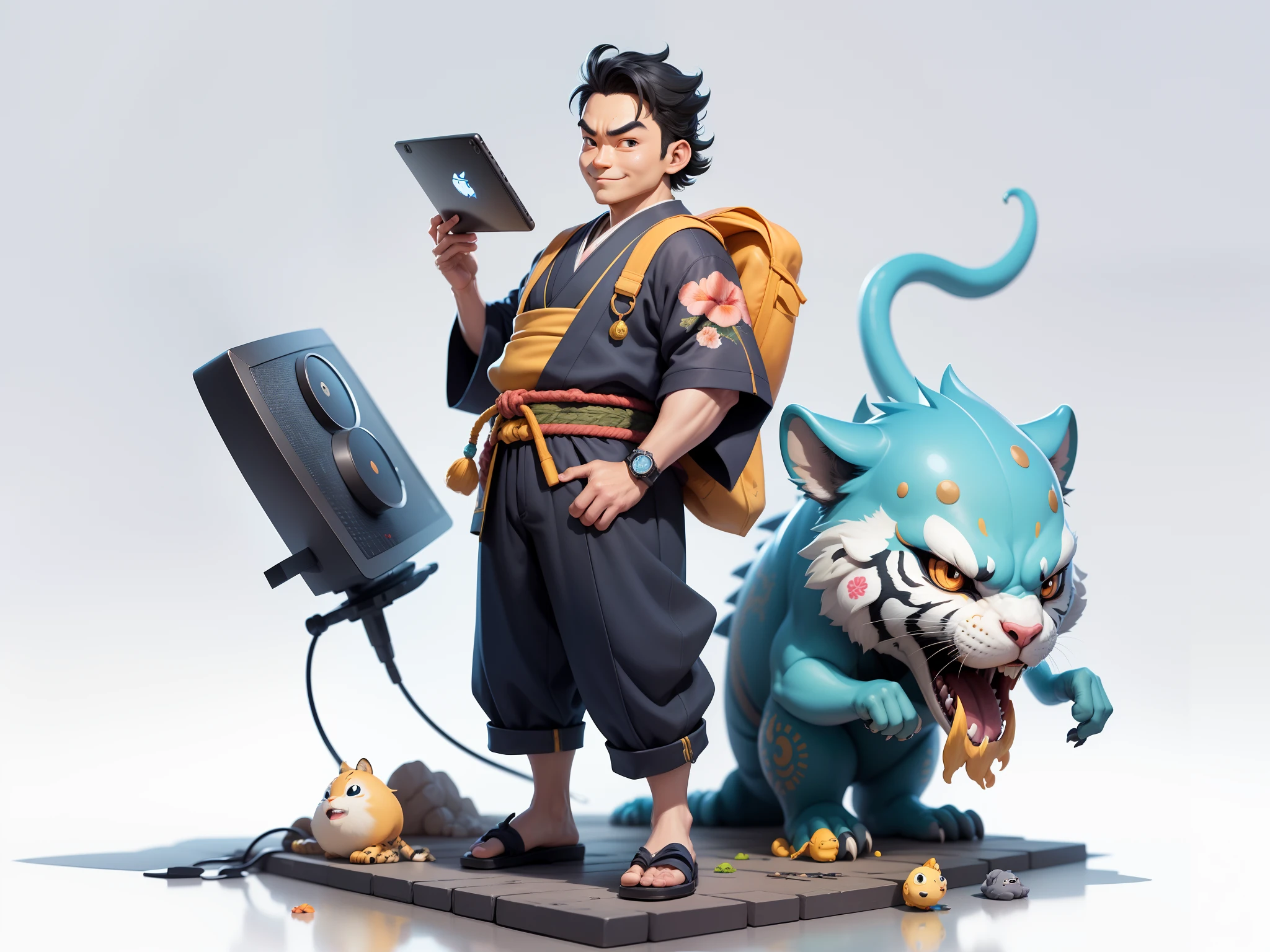 (Masterpiece), (Excellent), (Super Meticulous), (Full Body: 1.2), Super Young Man, Oriental Face, Japanese Kimono, Japanese Wind Thunder God, Dragon, Tiger, TV Anchor, Bust Portrait Illustration, Alone, Black Suit, Blue Tie, Slightly Chubby Face, Very Clean Face, No Beard, Black Super Short Hair, Black Eyes, Confident Smile, 3c Computer Sub-Products, iPad, iPhone, Digital Painting, 3D Character Design by Akira Toriyama and Mark Claireden and Pixar and Hayao Miyazaki, The illustration is a high-definition illustration in 4K resolution with very detailed facial features and cartoon-style visuals.