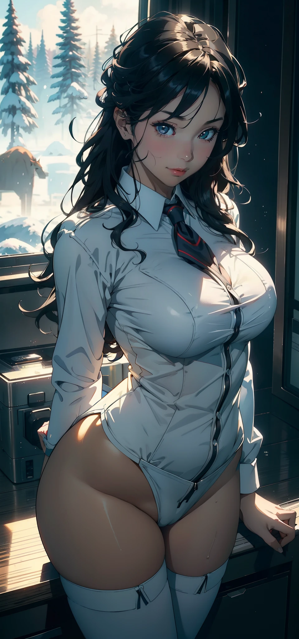 1female，25 age old，Large breasts，Pornographic exposure， 独奏，（Background with：aerodrome，coniferous forest，at winter season，Snow on the ground） with his long black hair， standing on your feet，Sweat profusely，drenched all over the body，seen from the front， curlies， mostly cloudy sky，（（（tmasterpiece），（Very detailed CG unity 8K wallpaper），best qualtiy，cinmatic lighting，detailed back ground，beatiful detailed eyes，Bright pupils，（Very fine and beautiful），（Beautiful and detailed eye description），ultra - detailed，tmasterpiece，）），facing at camera，A high resolution，ultra - detailed），stewardess，Sexy flight attendant uniform，revealing breasts，Bare genitalia， Bulge，Camel toes，Raised sexy，Flushed complexion，Open-mouthed，Smile，frontage