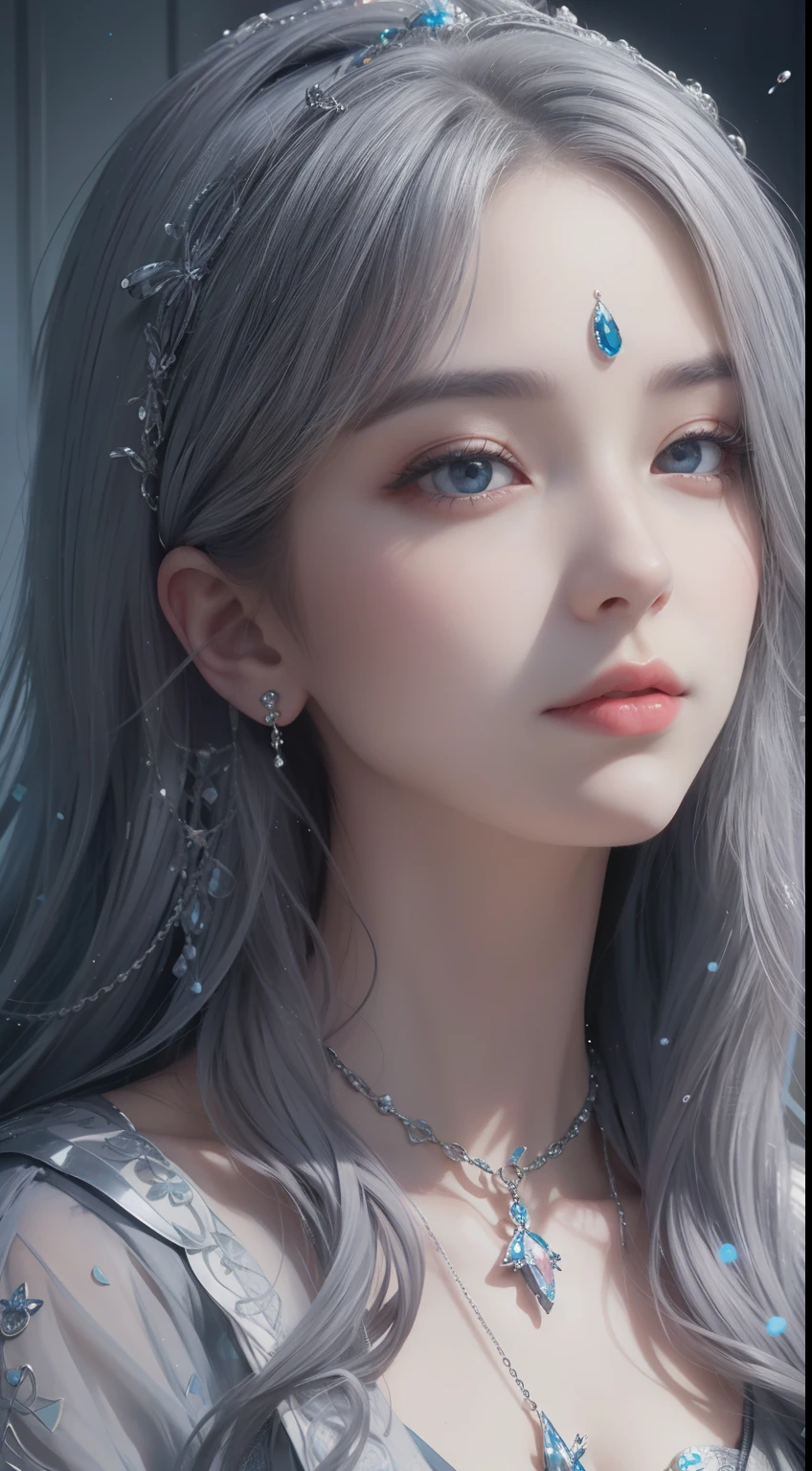 tmasterpiece，Highest image quality，A beautiful bust of a noble maiden，Delicate gray-blue hairstyle，Clear black eyes，Embellished with a dazzling array of intricate and exaggerated craft jewelry，Ultra-detailed details，upscaled。