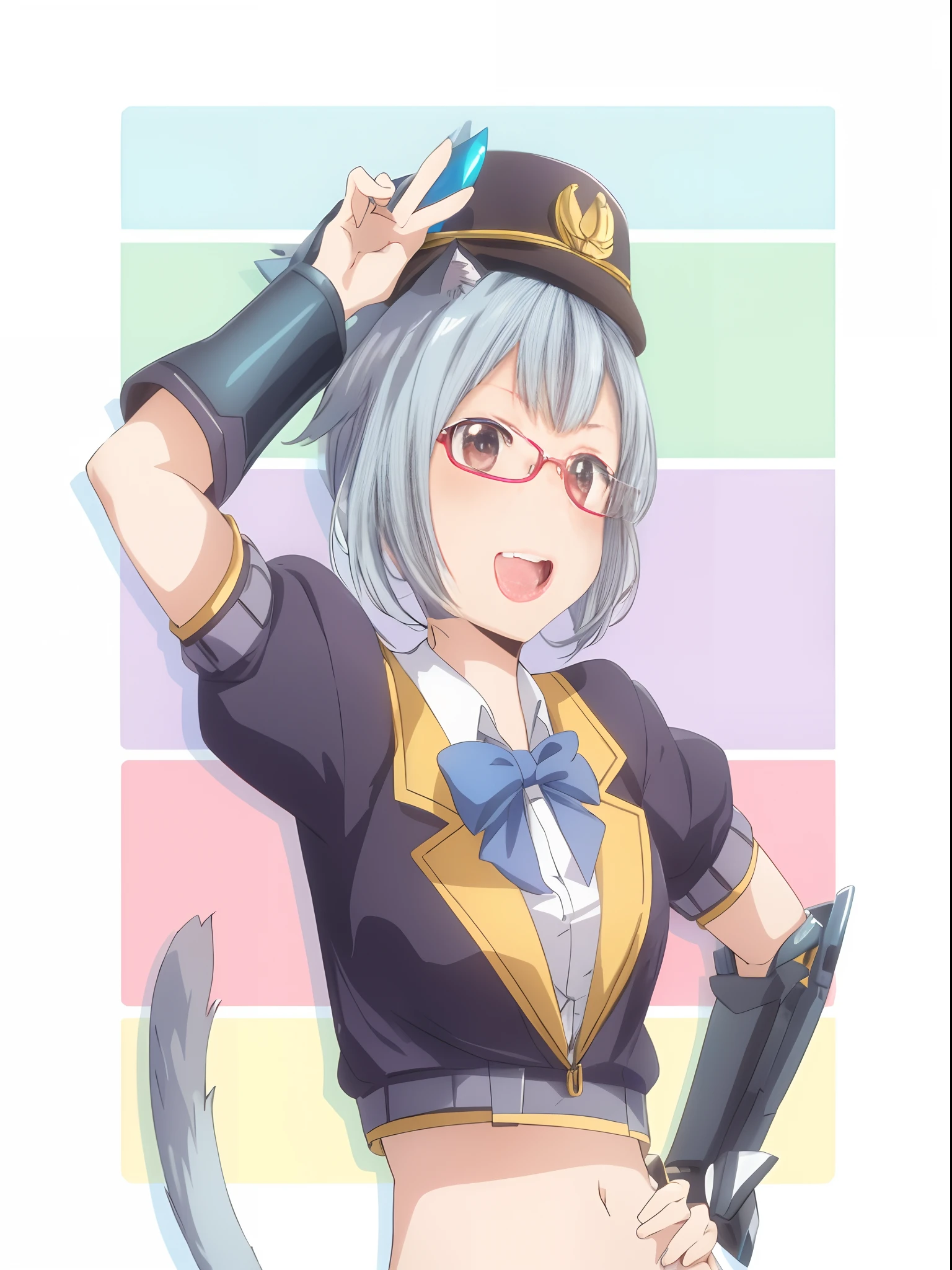 anime character with a cat tail and a hat and gloves, nyaruko-san, kantai collection style, cute anime catgirl, anime catgirl, fully robotic!! catgirl, anime cat, nekomimi, fullbody commission for, high quality fanart, attractive cat girl, cat girl, marin kitagawa fanart, catgirl, beautiful anime catgirl, 1girl, solo, (masterpiece:1.2, best quality), glasses, ((rim-less eyewear)), sailor suit, short hair, saber, arthuria pendragon, (((mature female))), tall, beautiful, sexy, medium breast,