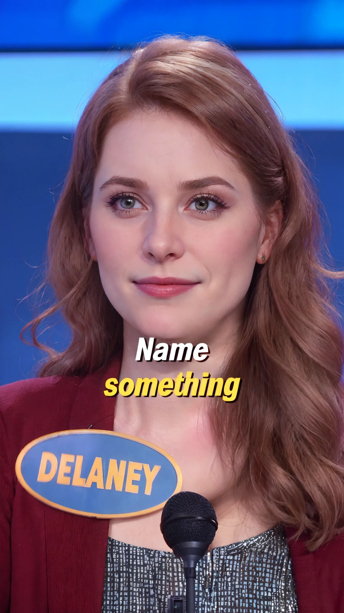 a close up of a woman with a microphone and a name tag, i mean, italian looking emma, delunay, felicia day, award-winning snl skit, pronounced cheekbones, sarah, sneering, meme template, denning, delicate, she has a distant expression, defined, very detaied, lina, she has a cute expressive face