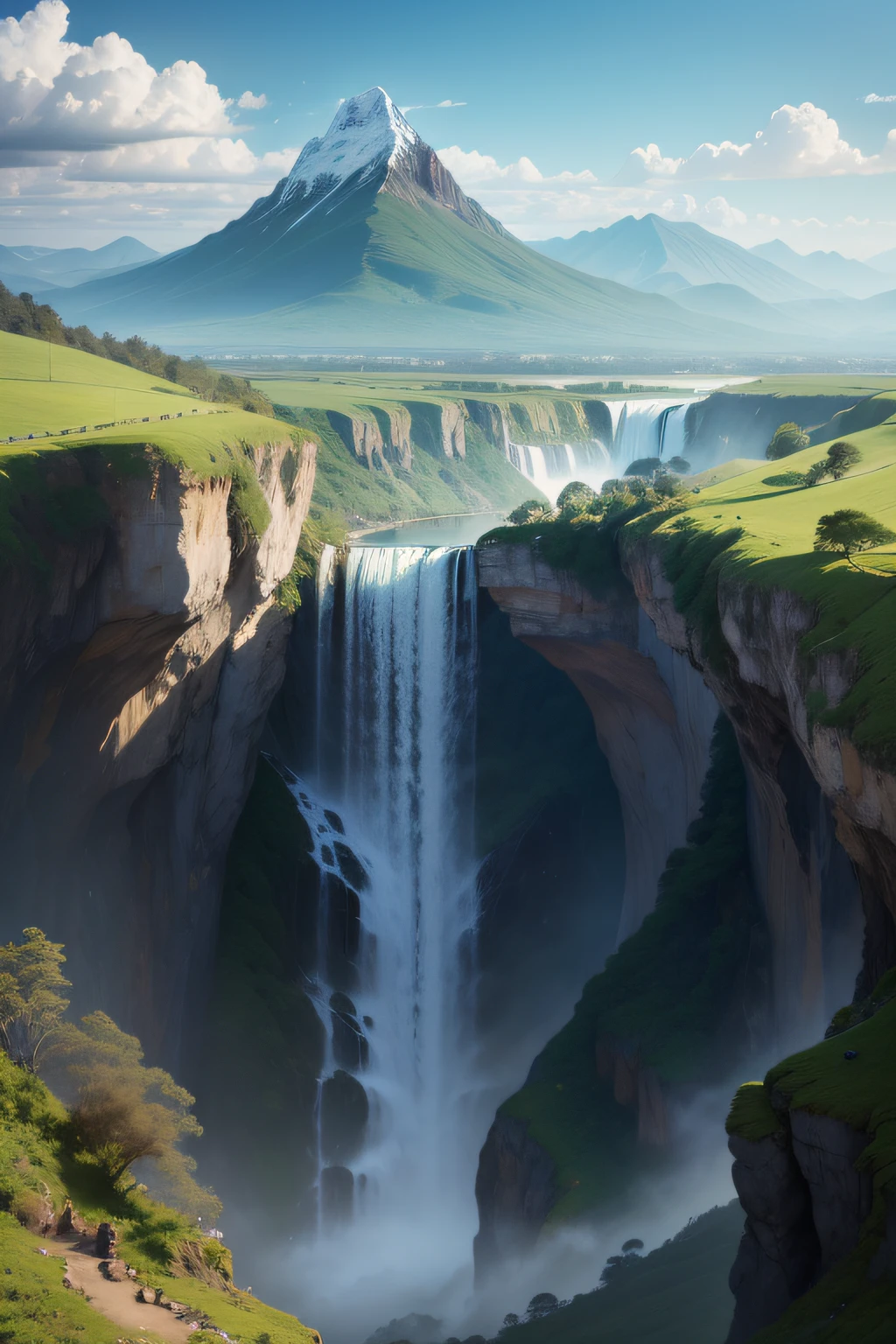 create a landscape photo of a waterfall in a lush green setting with Mt Kosiosco in the background with Cockatoo's flying over and around the waterfall.