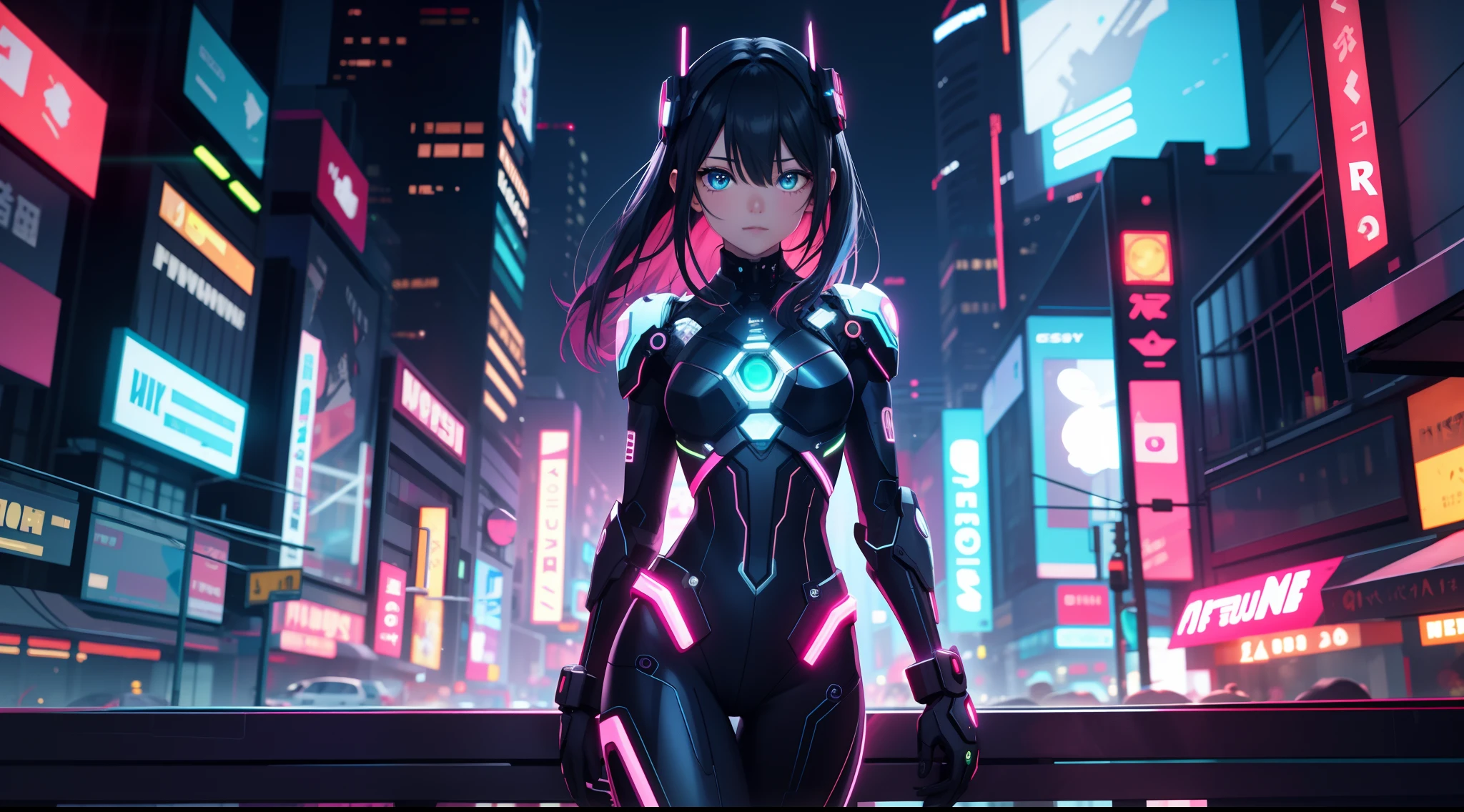 A woman in a futuristic suit stands in a city at night - SeaArt AI