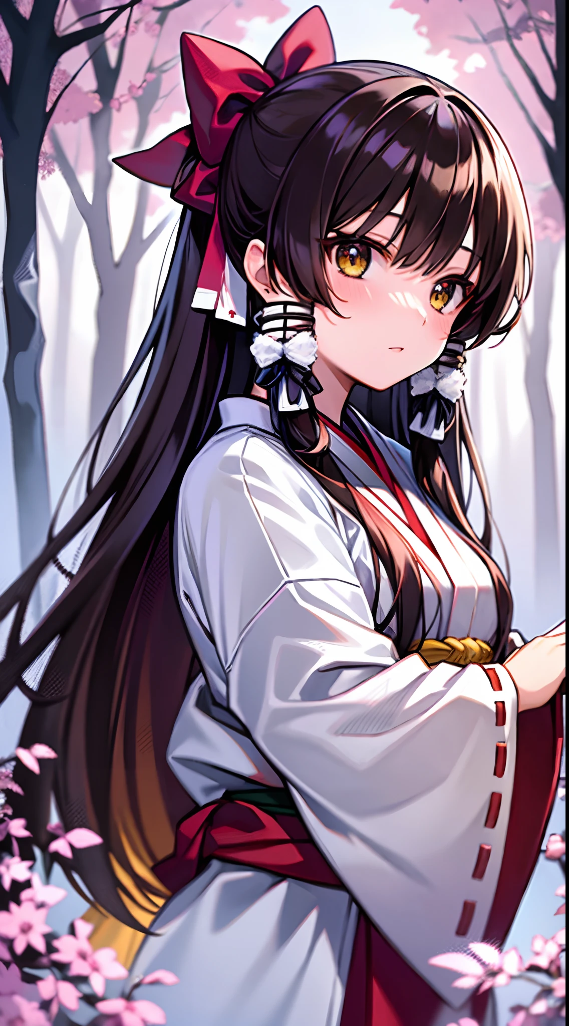 Detailed background, Masterpiece, Best quality, 1girll, Bai Lingling, Brown hair, hair tubes, Hair ribbon, Brown eyes, nontraditional miko, Samurai clothes,A forest full of purple and white trees, glowworm, water, Pink theme, White theme, mistic, magical,
