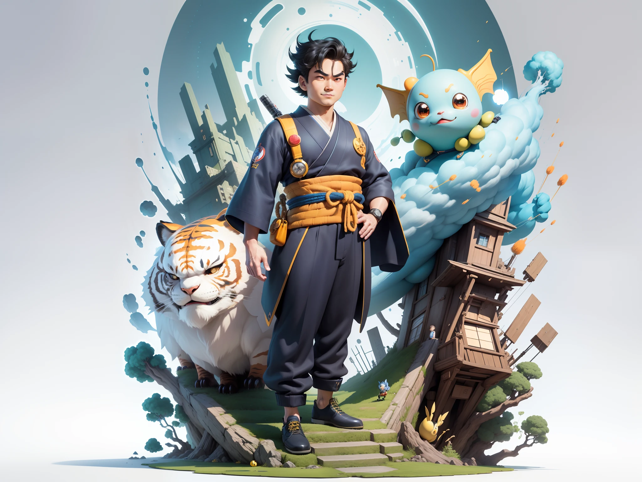 (Masterpiece), (Excellent), (Super Meticulous), (Full Body: 1.2), Super Young Man, Oriental Face, Japanese Kimono, Japanese Wind Thunder God, Dragon, Tiger, TV Anchor, Bust Portrait Illustration, Alone, Black Suit, Blue Tie, Slightly Chubby Face, Very Clean Face, No Beard, Black Super Short Hair, Black Eyes, Confident Smile, 3c Computer Sub-Products, iPad, iPhone, Digital Painting, 3D Character Design by Akira Toriyama and Mark Claireden and Pixar and Hayao Miyazaki, The illustration is a high-definition illustration in 4K resolution with very detailed facial features and cartoon-style visuals.