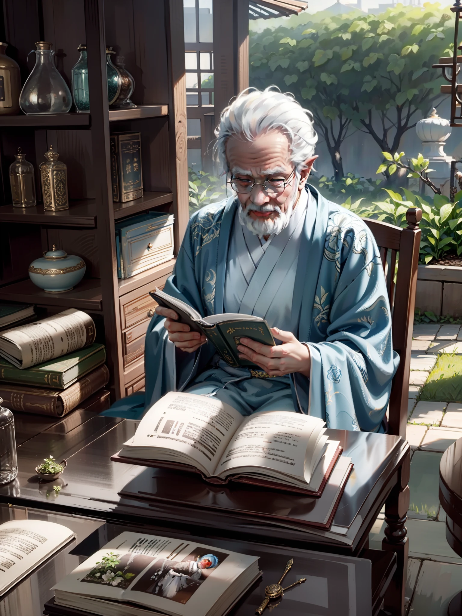 ultraclear,filigree,Hanfu,Natural light,Kind old man,I am reading medical book research,There are herbs on the ground,The background is landscape
