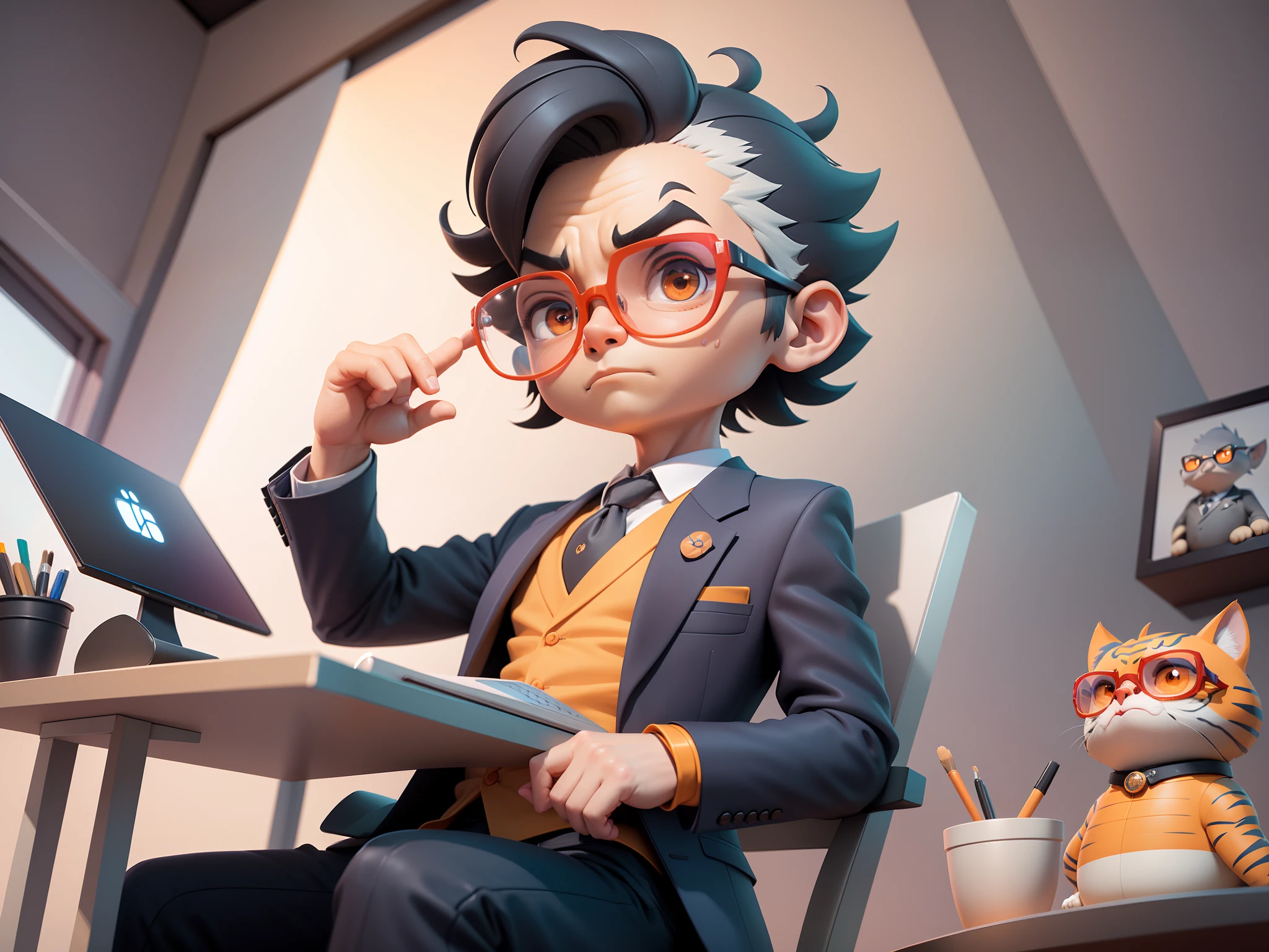 A young man in a suit, Short hair and glasses sat at his desk，holding laptop，digitial painting，tigre，3D character design by Mark Clairen and Pixar and Hayao Miyazaki and Akira Toriyama，4K HD illustration，Very detailed facial features and cartoon-style visuals。