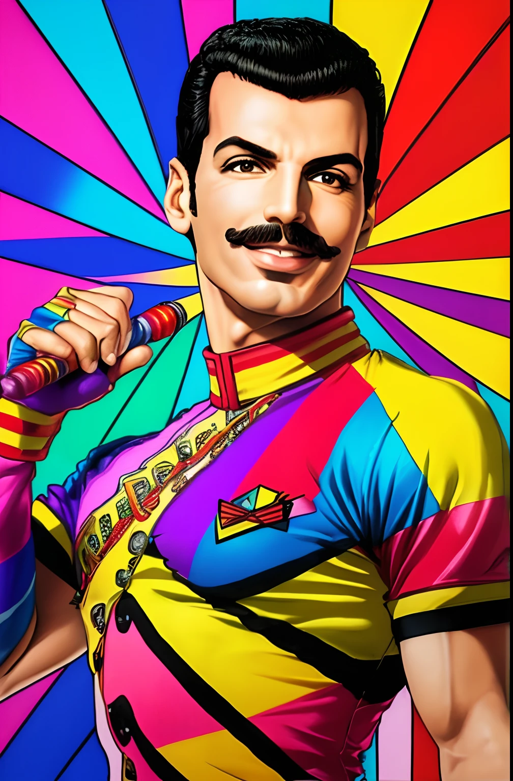 (full body), action, cinematic, (best quality:1.2), (Handsome man summoning confetti:1.5), ((perfect facial ratio, detailed face, (piercing blue eyes, brown hair), perfect body, toned, ((muscle: 0.7)), (mesomorphic frame),((wearing rainbow domino mask: 1.4)), (multicolored outfit: 1.3), (perfect lighting, shadows), mythic, epic, natural skin texture, High definition, 4K, pores,